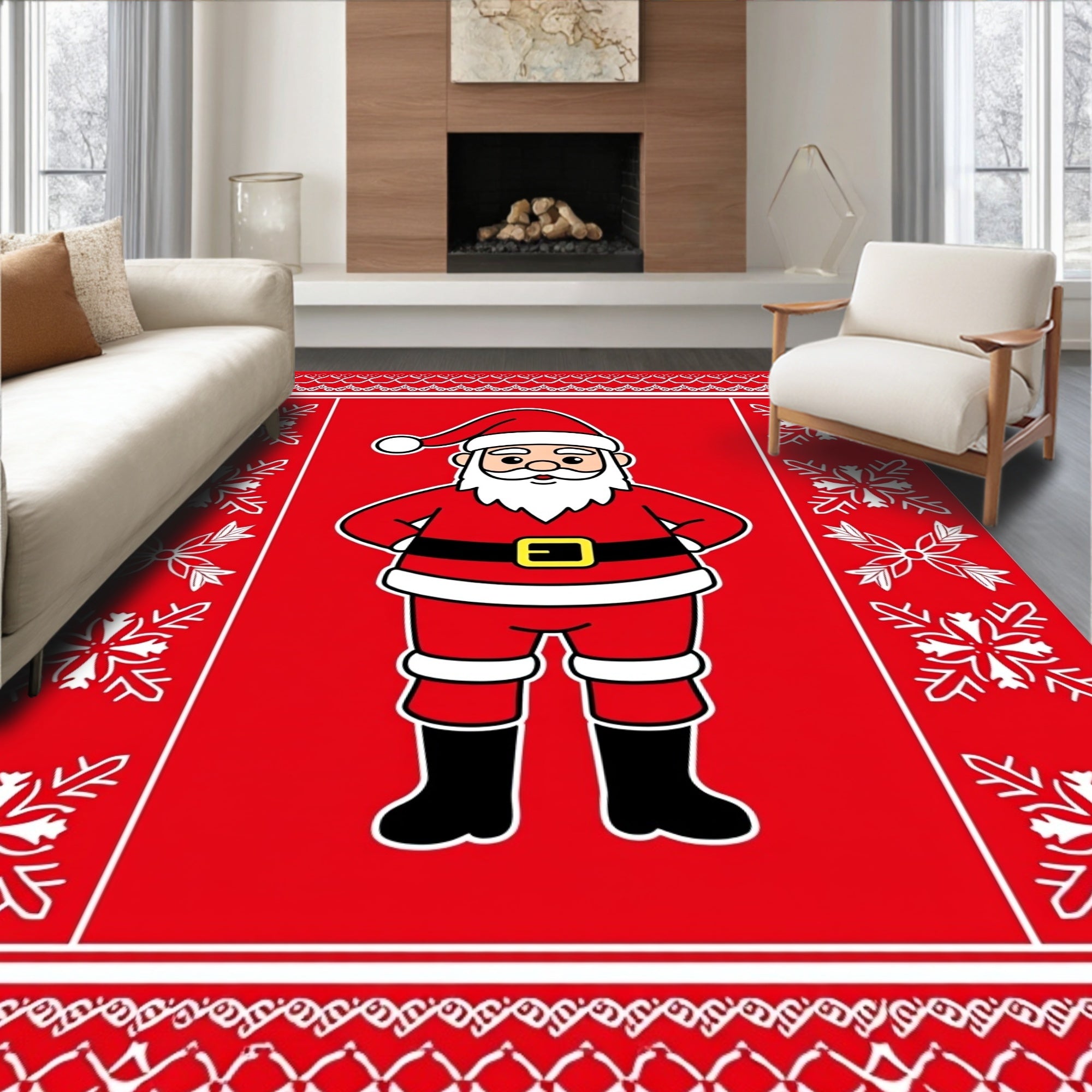 Festive Red Santa Claus Snowflake Border Rug