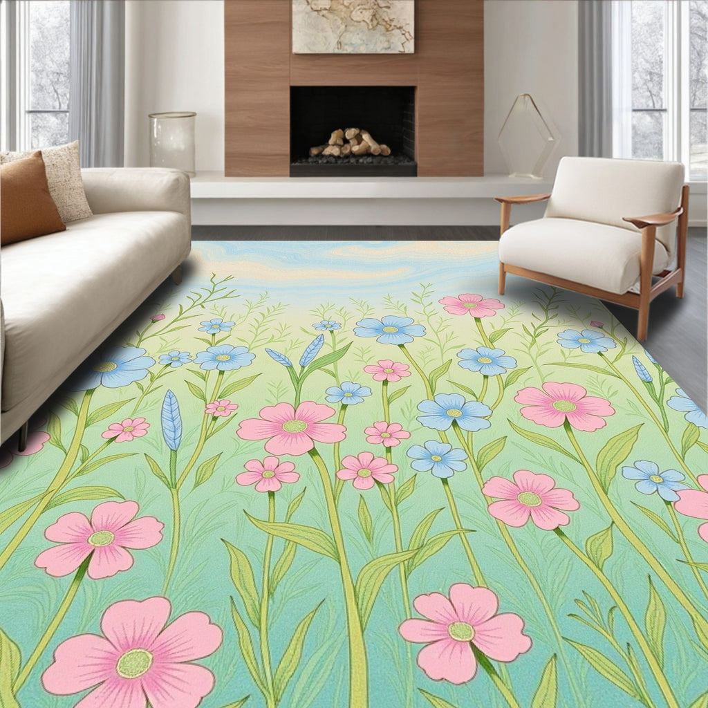 Pastel Pink Blue Floral Meadow Rug