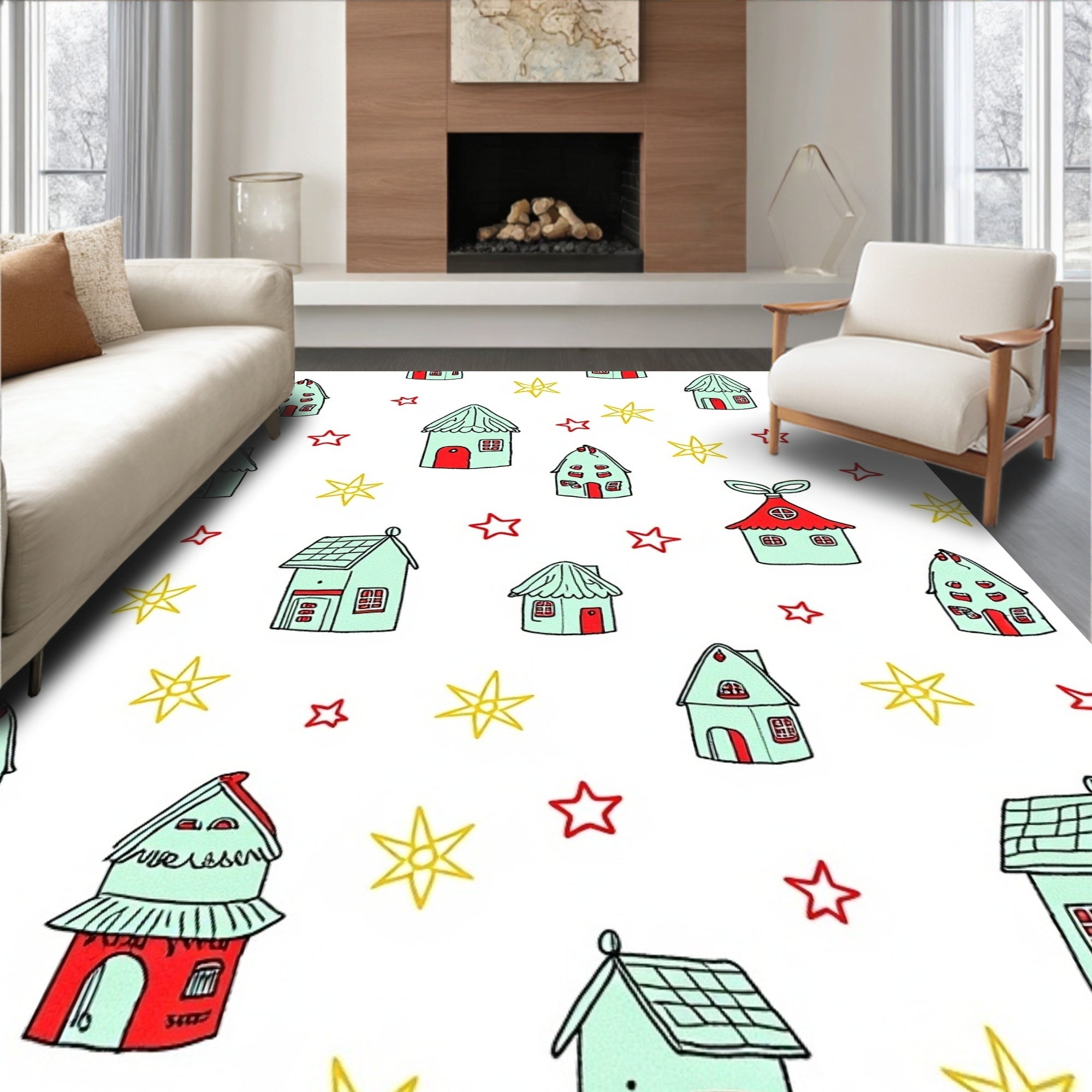 Whimsical Mint Red Houses Stars Rug