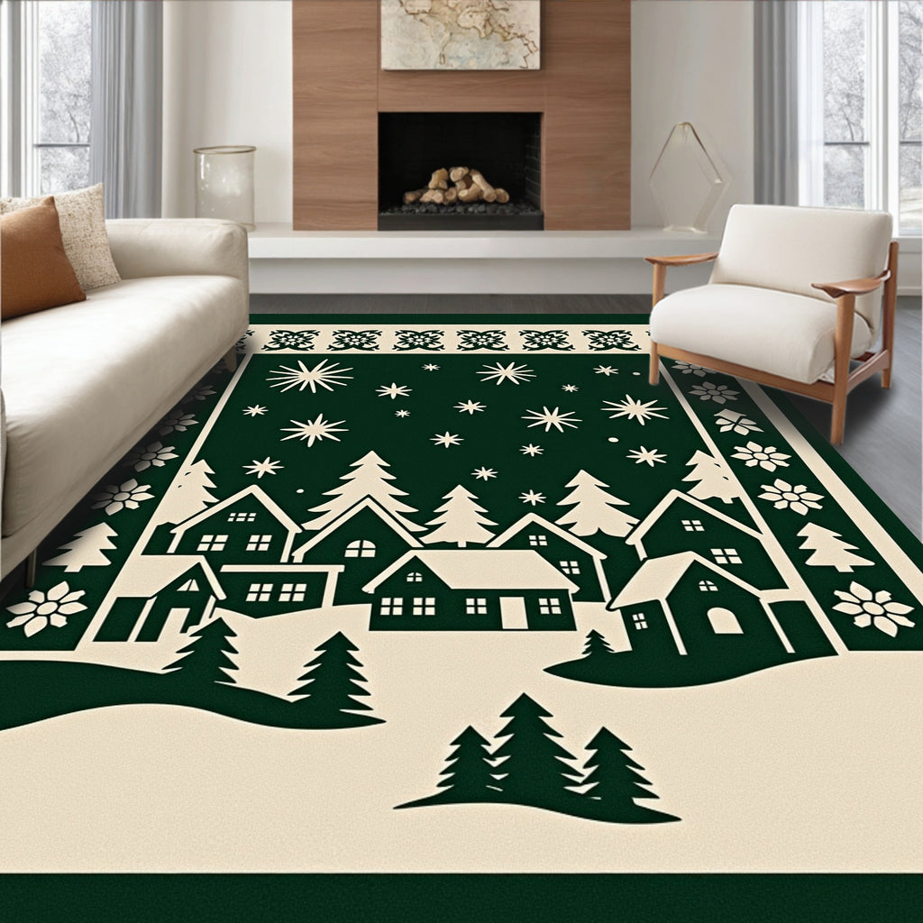 Forest Village Snowfall Starry Night Rug