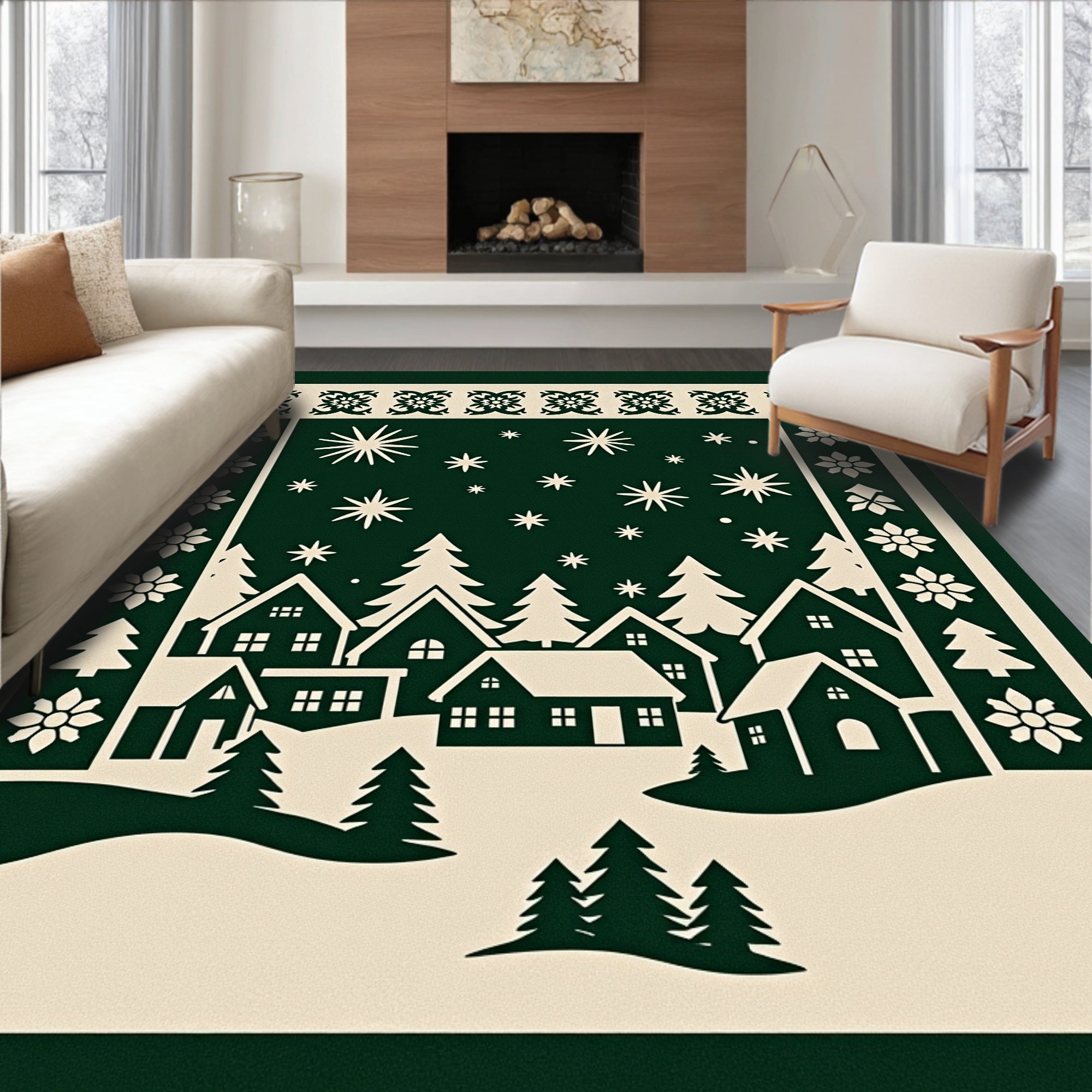 Forest Village Snowfall Starry Night Rug