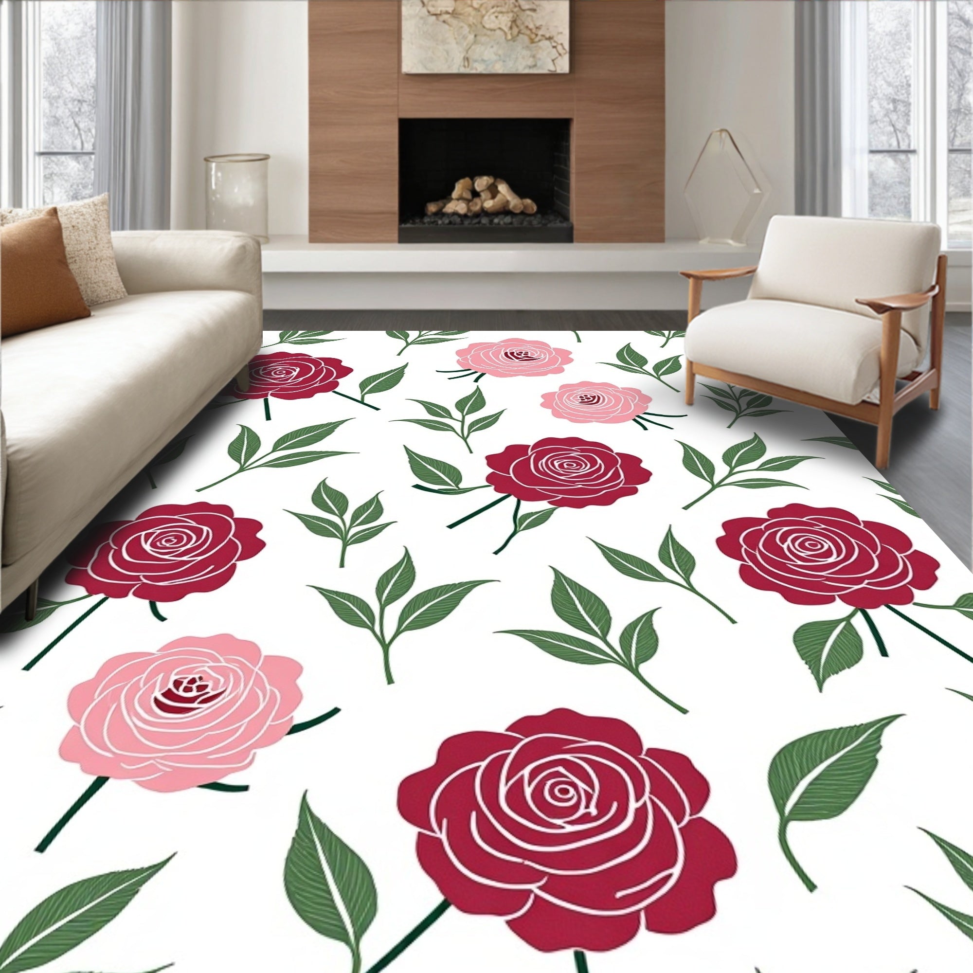 Crimson and Pink Roses Floral Repeat Rug