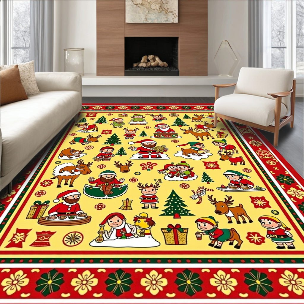 Merry Christmas Santa Reindeer Woodland Scene Rug