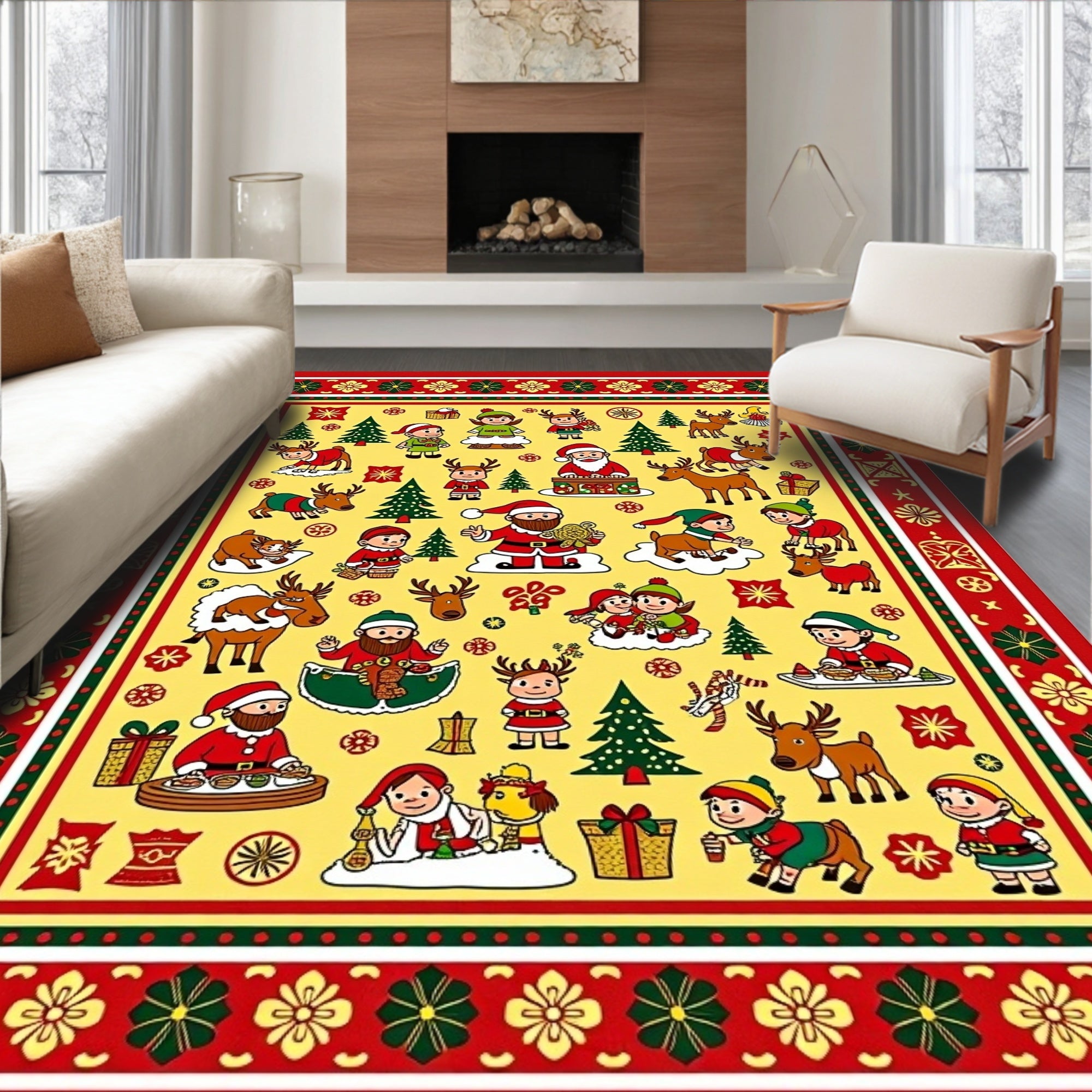 Merry Christmas Santa Reindeer Woodland Scene Rug