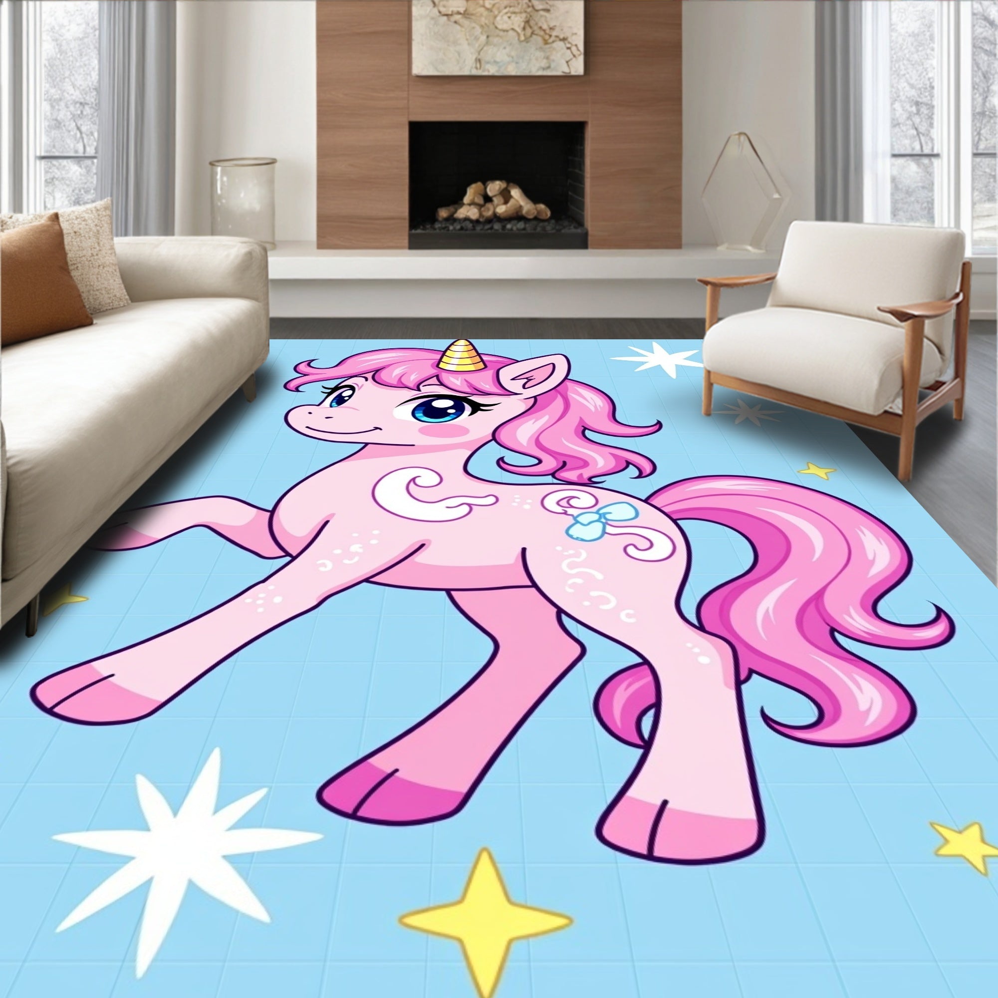 Pink Unicorn With Golden Horn And Stars Rug
