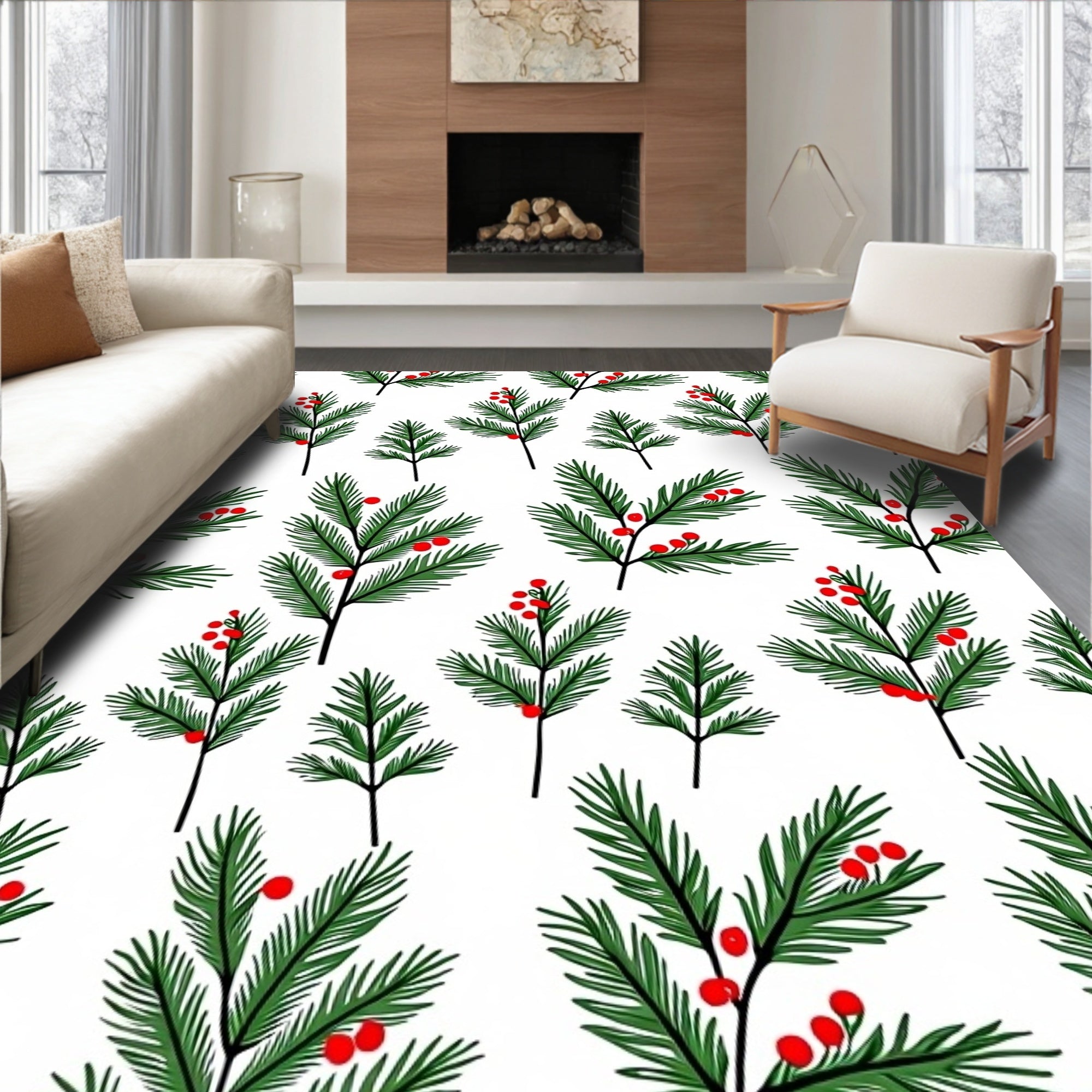 Festive Greenery Red Berry Sprigs Rug