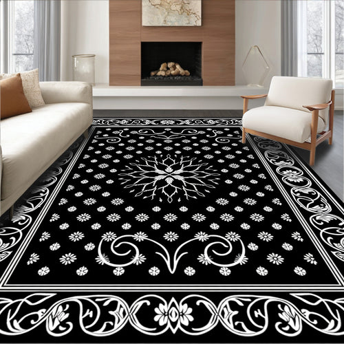 Black White Floral Medallion Scroll Rug