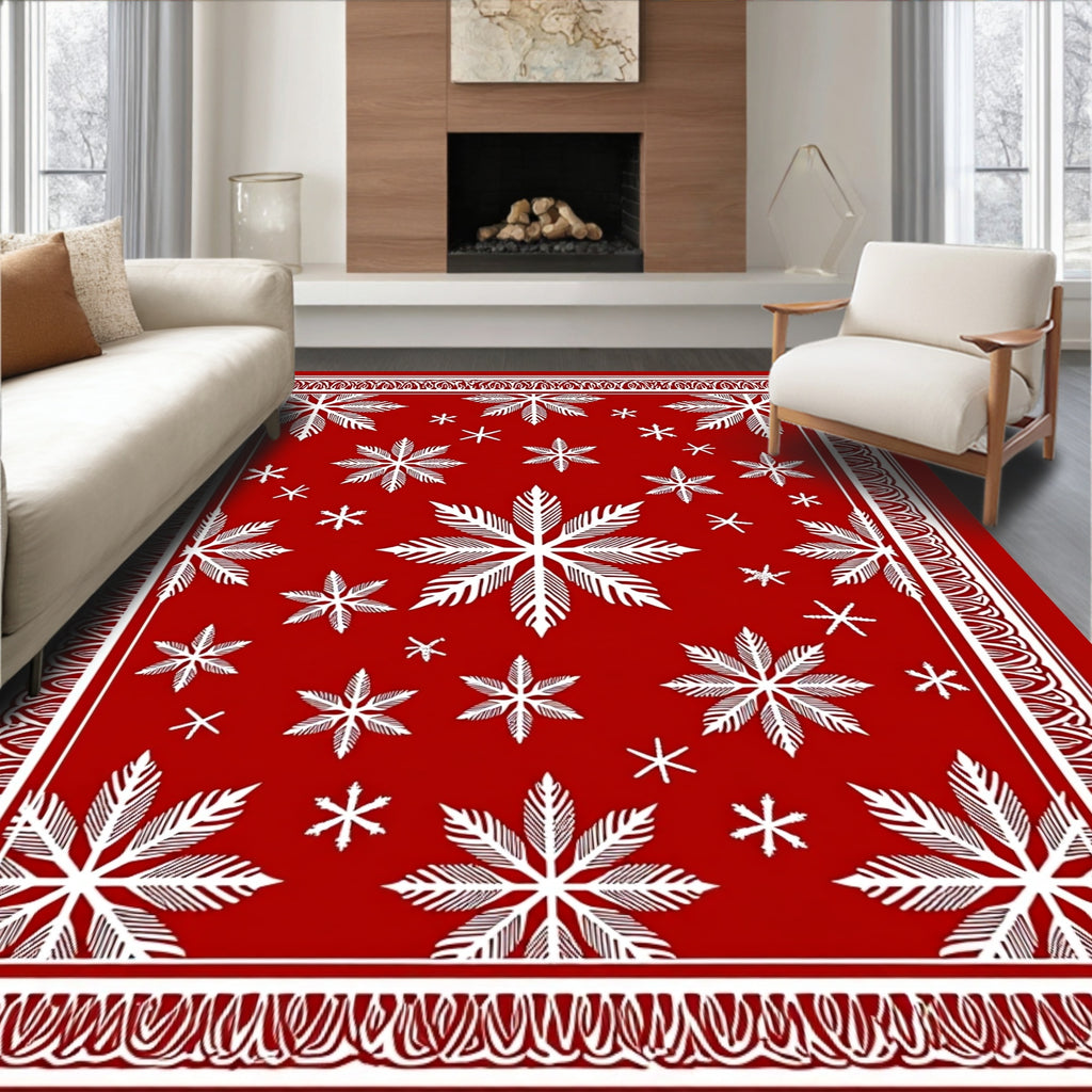 Red White Snowflake Winter Holiday Rug