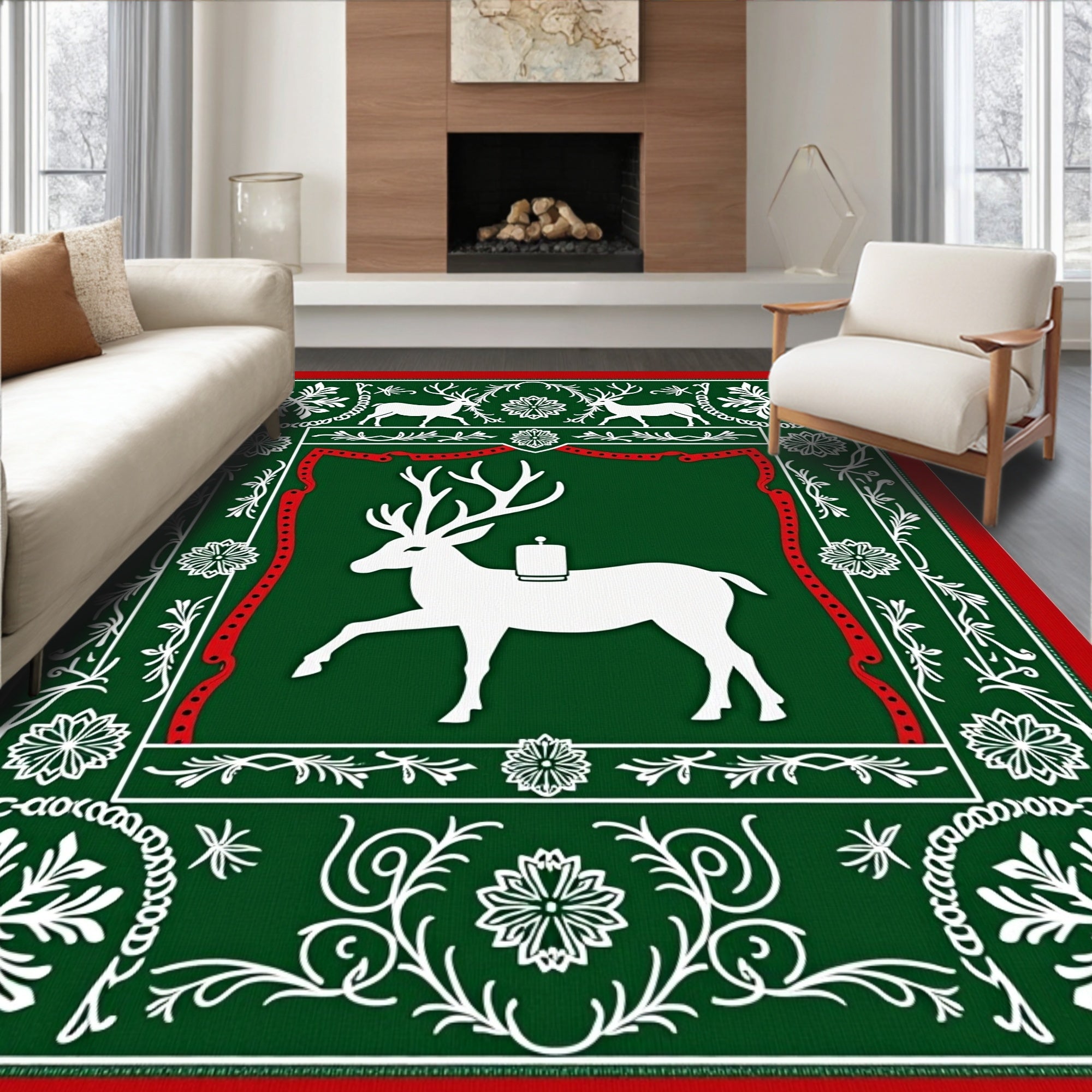Festive Red Green White Reindeer Frame Rug