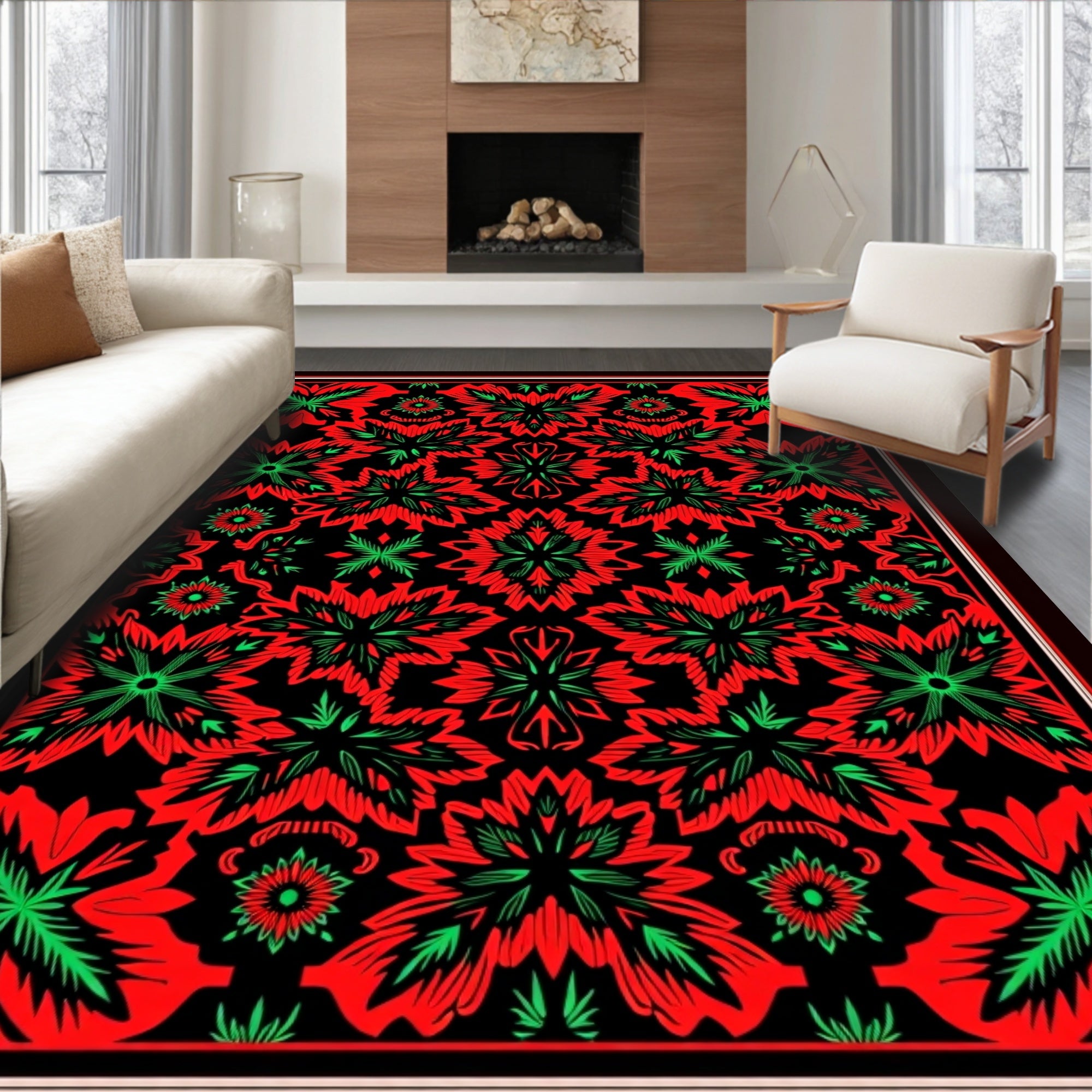 Bold Red Green Floral Symmetry Rug