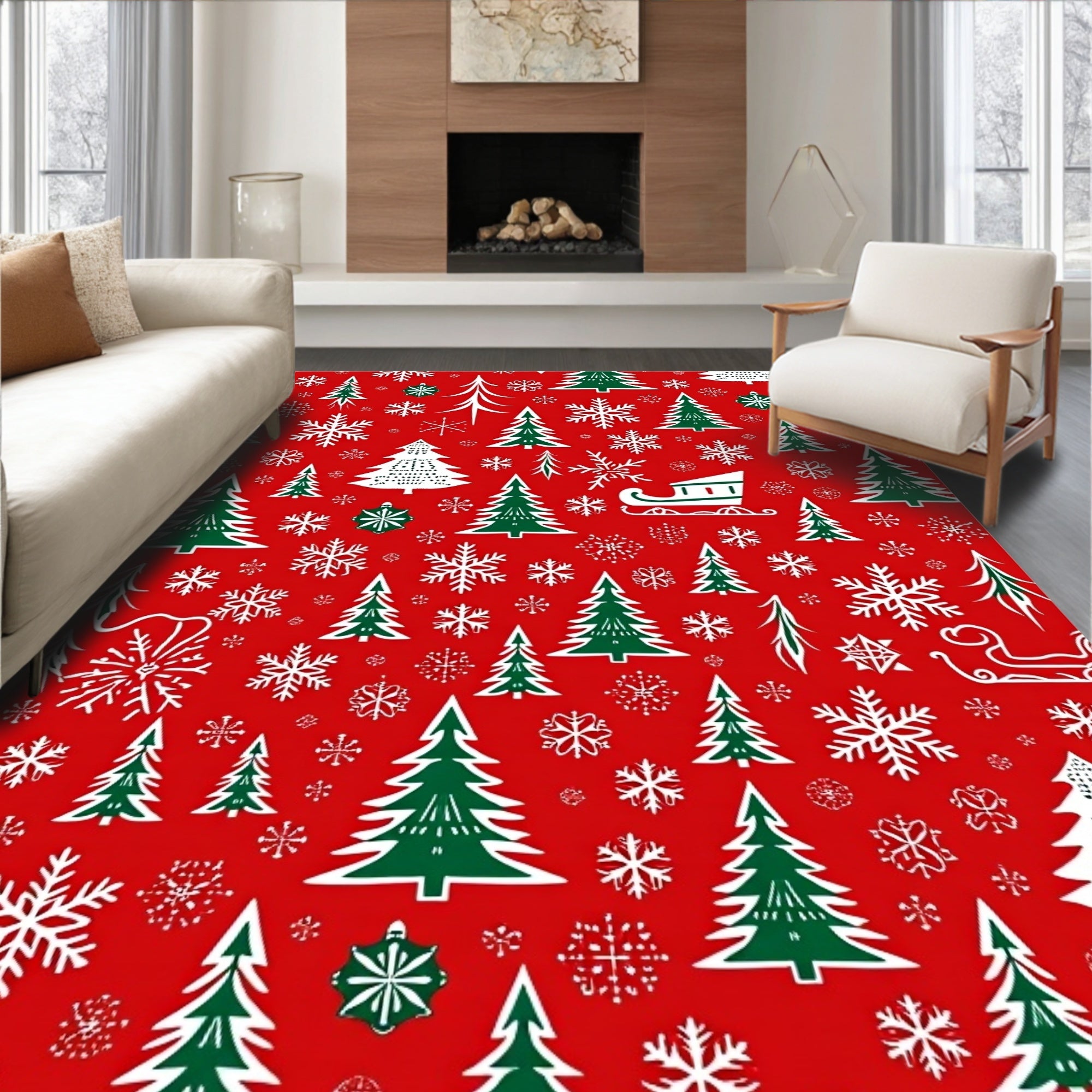 Red White Green Christmas Trees Snowflakes Rug