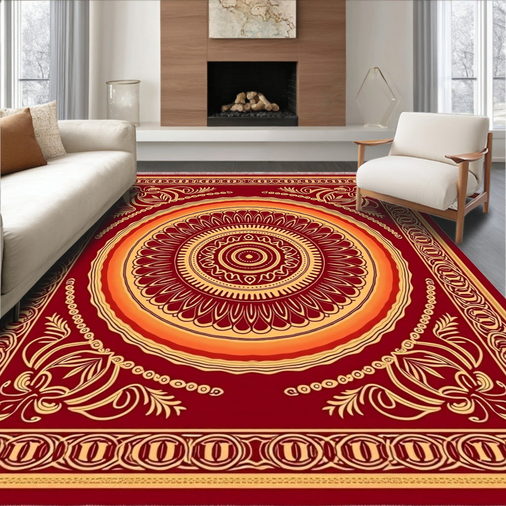 Crimson Sunburst Mandala Medallion Rug