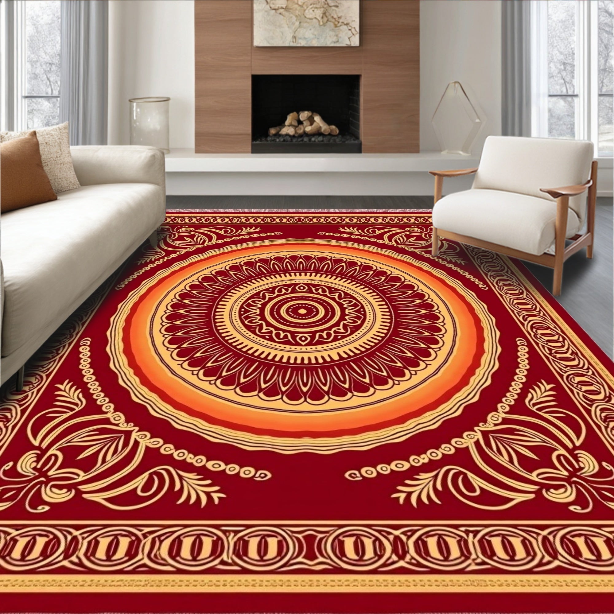 Crimson Sunburst Mandala Medallion Rug