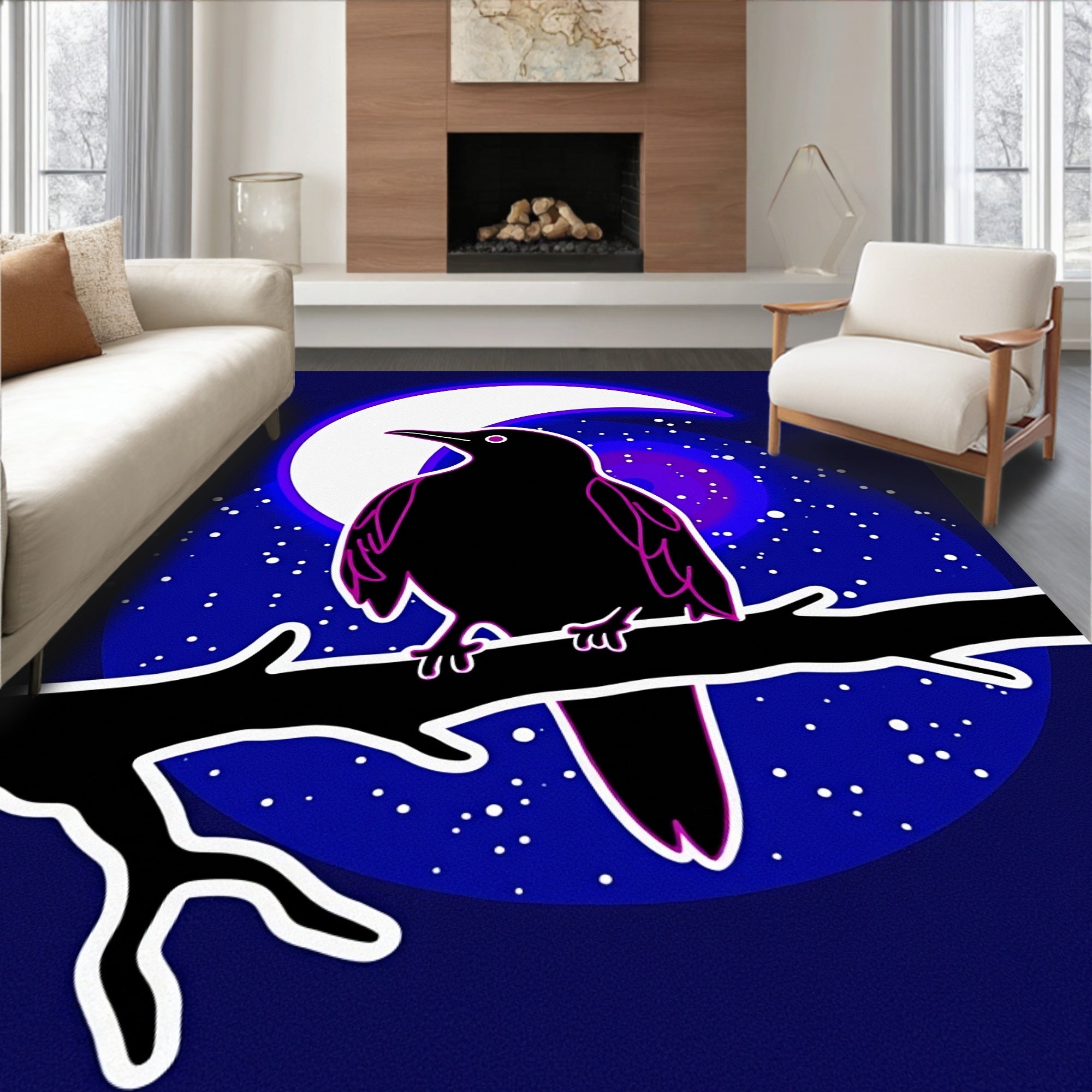 Moonlit Raven Perched on Branch Rug