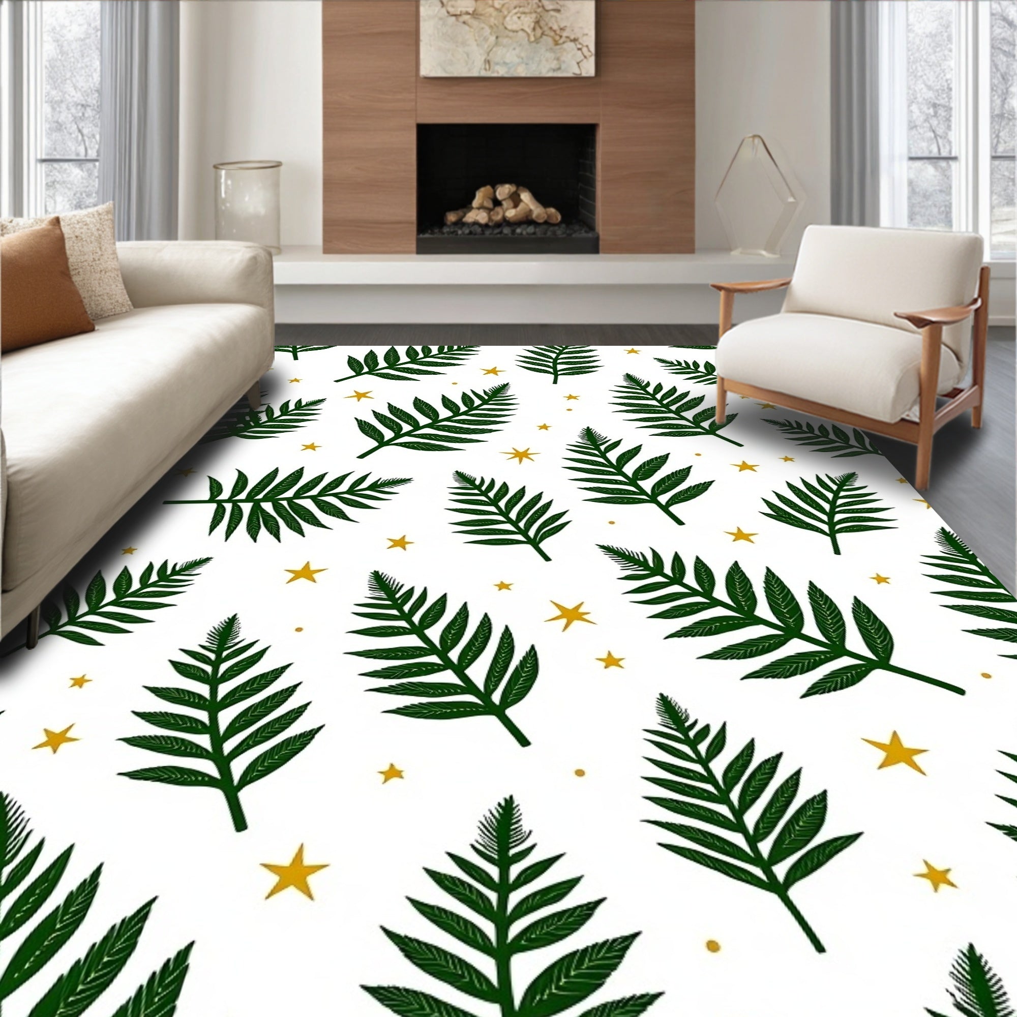 Dark Green Fern Starry Night Background Rug