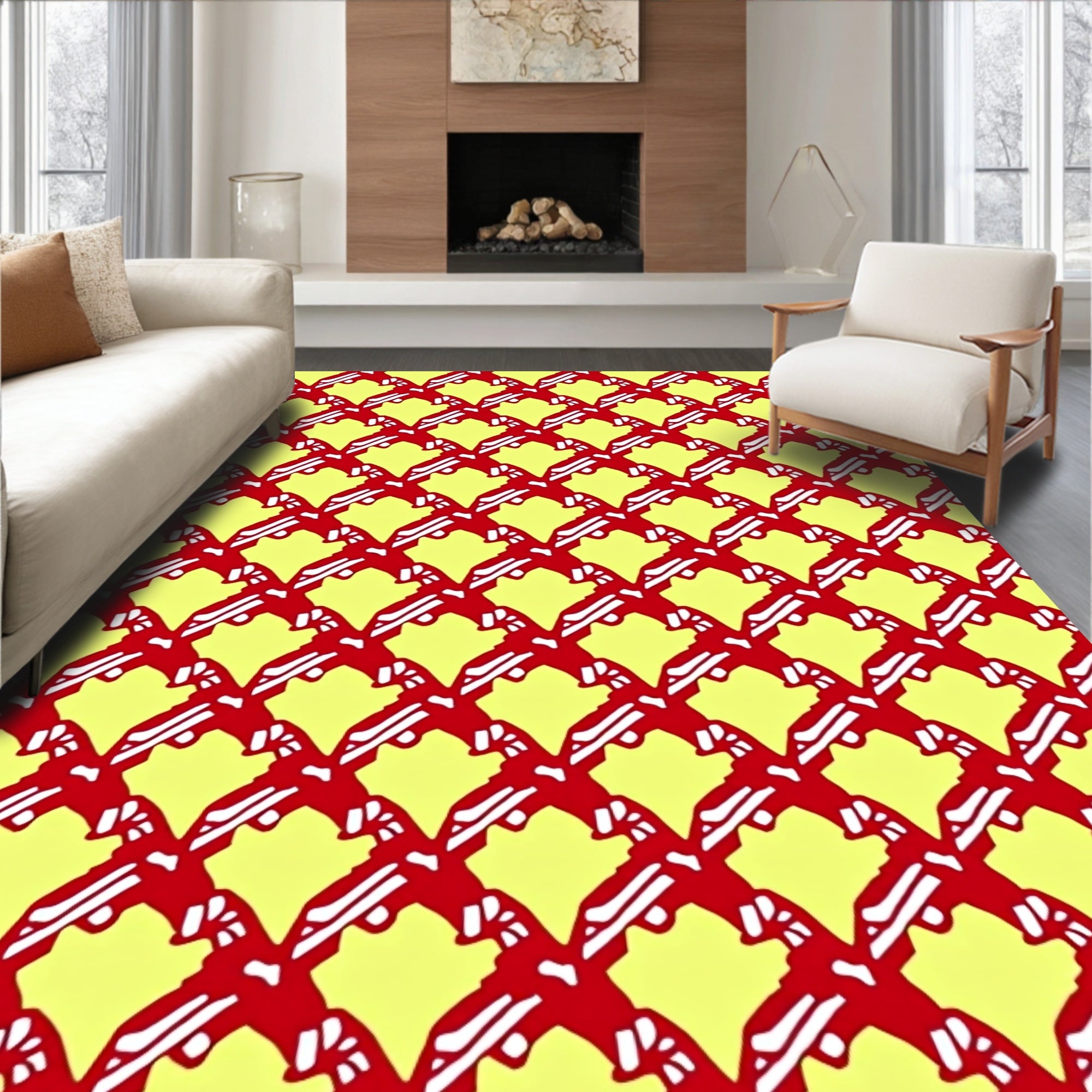 Crimson Yellow Lattice Contemporary Geometric Rug