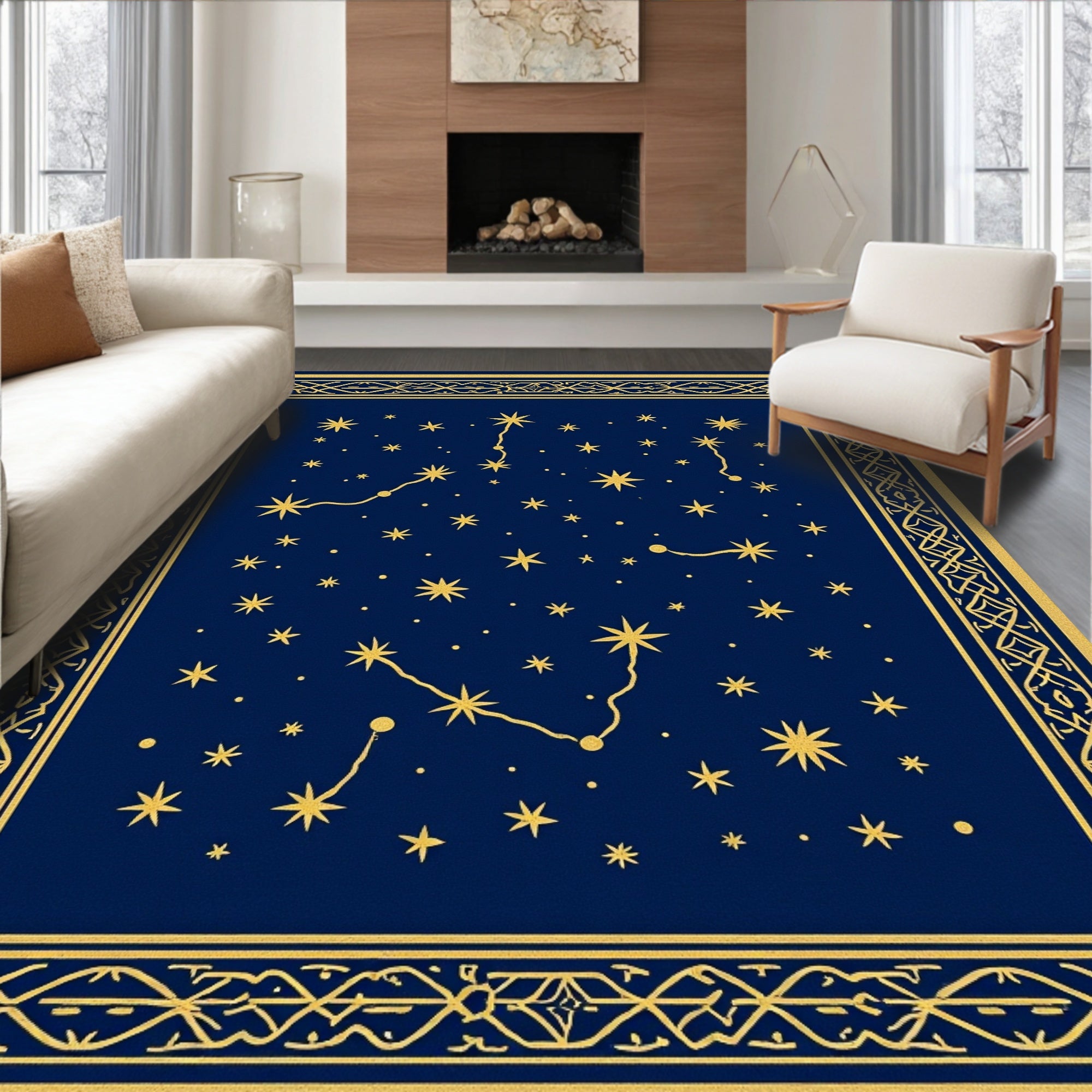Deep Blue Golden Starry Constellation Border Rug