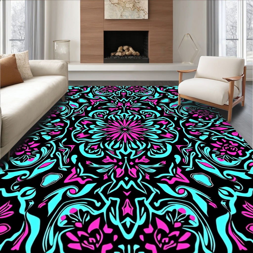 Vibrant Pink Teal Floral Mandala Rug