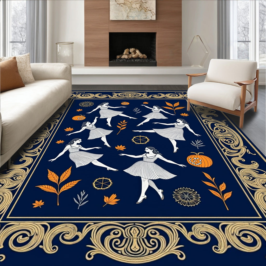 Dancing Figures Orange Pumpkins Autumn Border Rug