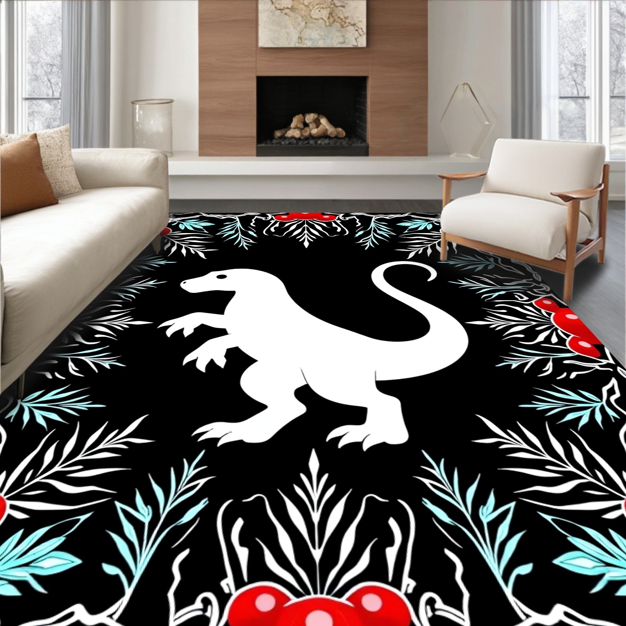 White Dinosaur Red Berry Border Rug