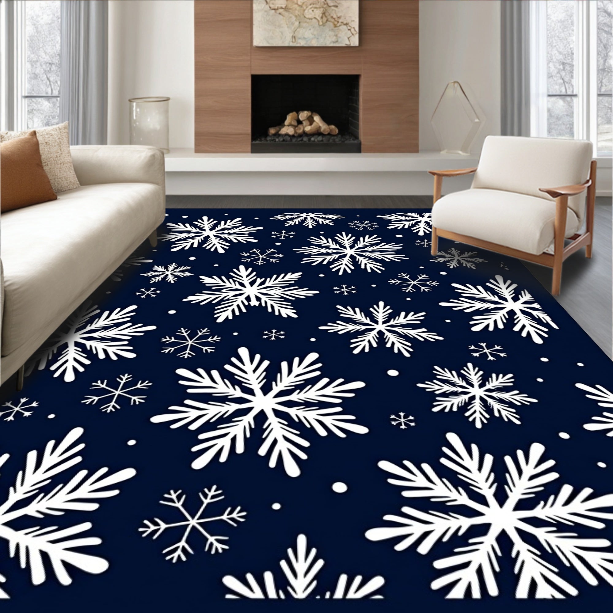 White Snowflakes on Navy Background Rug