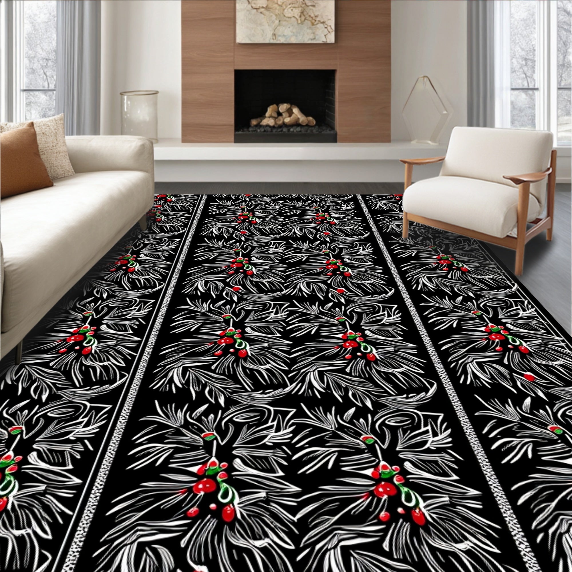 Black Red White Holly Berry Border Rug