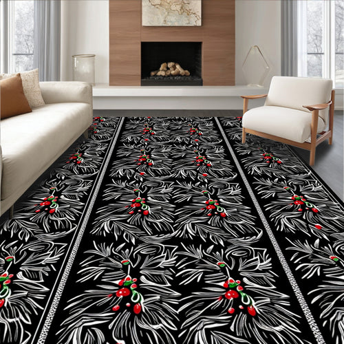 Black Red White Holly Berry Border Rug