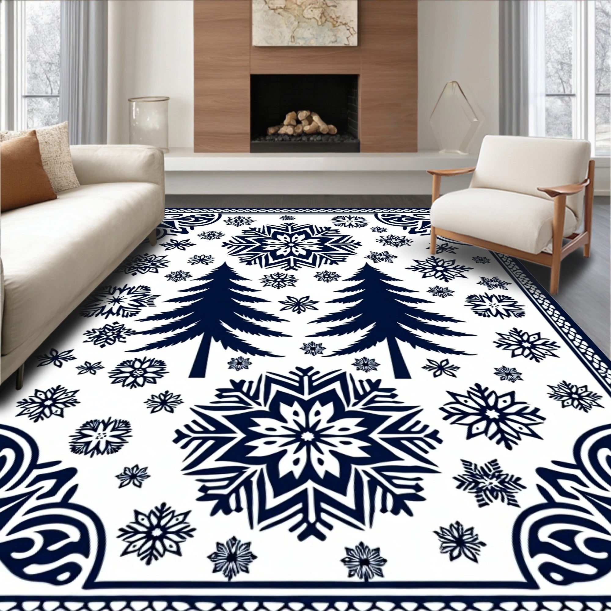 Deep Blue Snowflake Pine Forest Rug