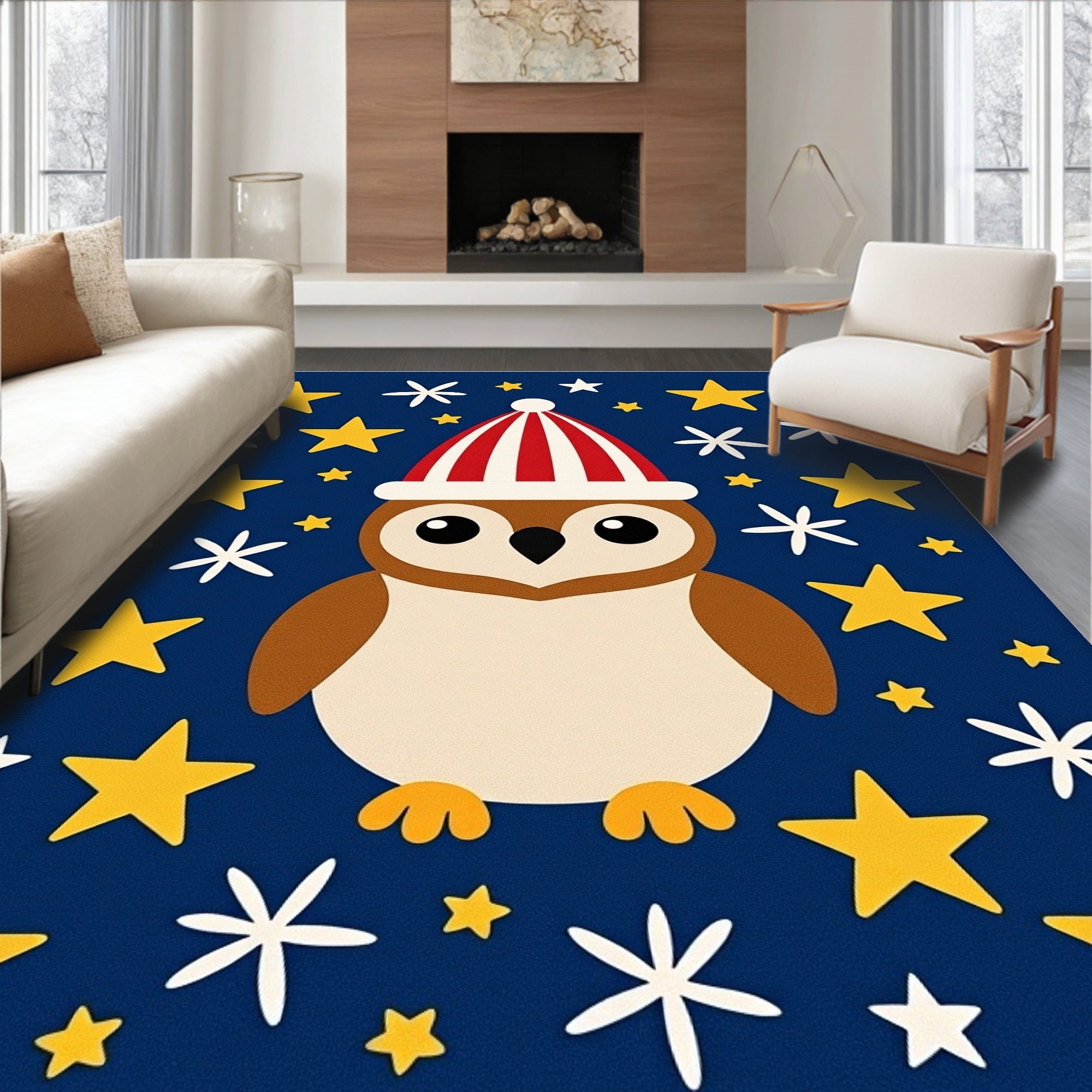 Cute Owl Red Striped Hat Stars Rug