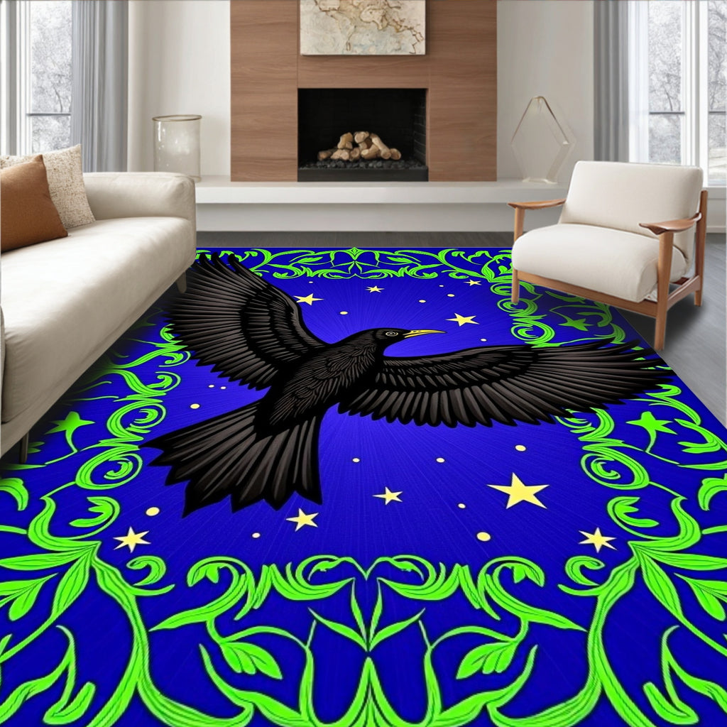 Midnight Crow with Green Swirl Border Rug