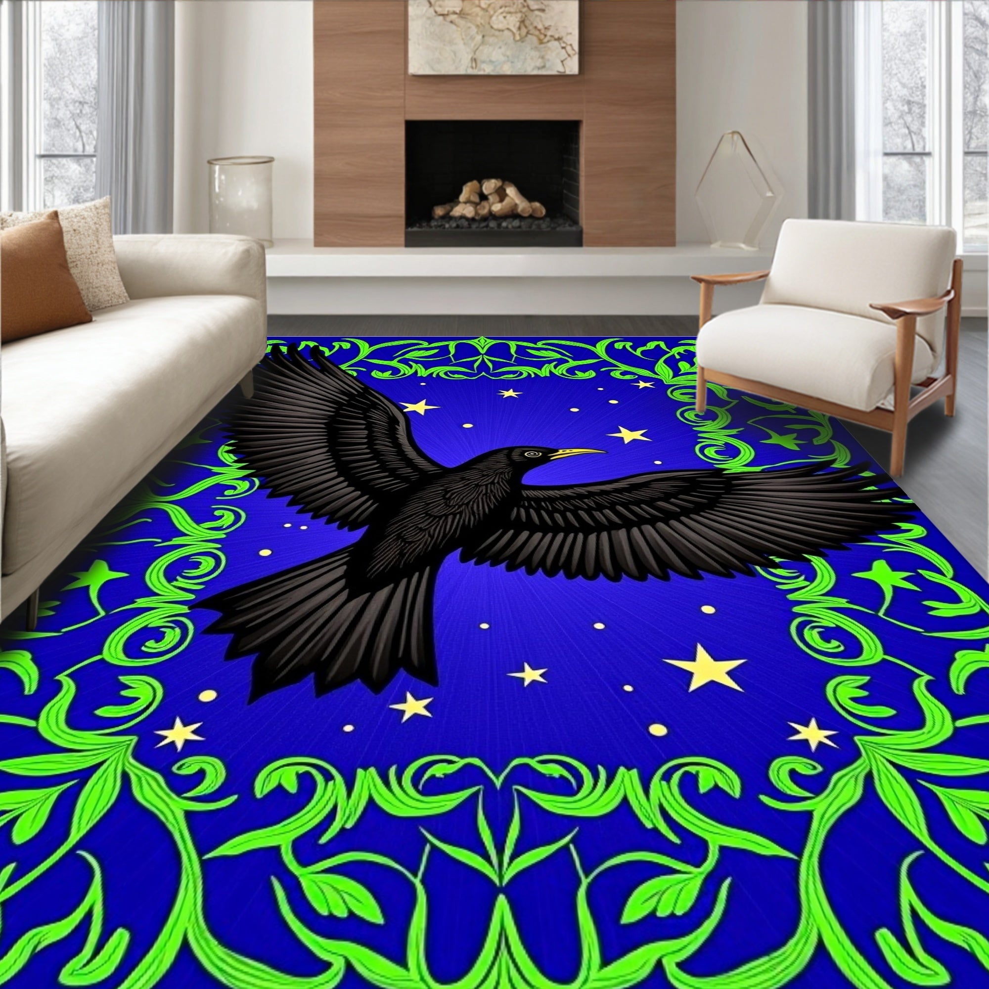 Midnight Crow with Green Swirl Border Rug