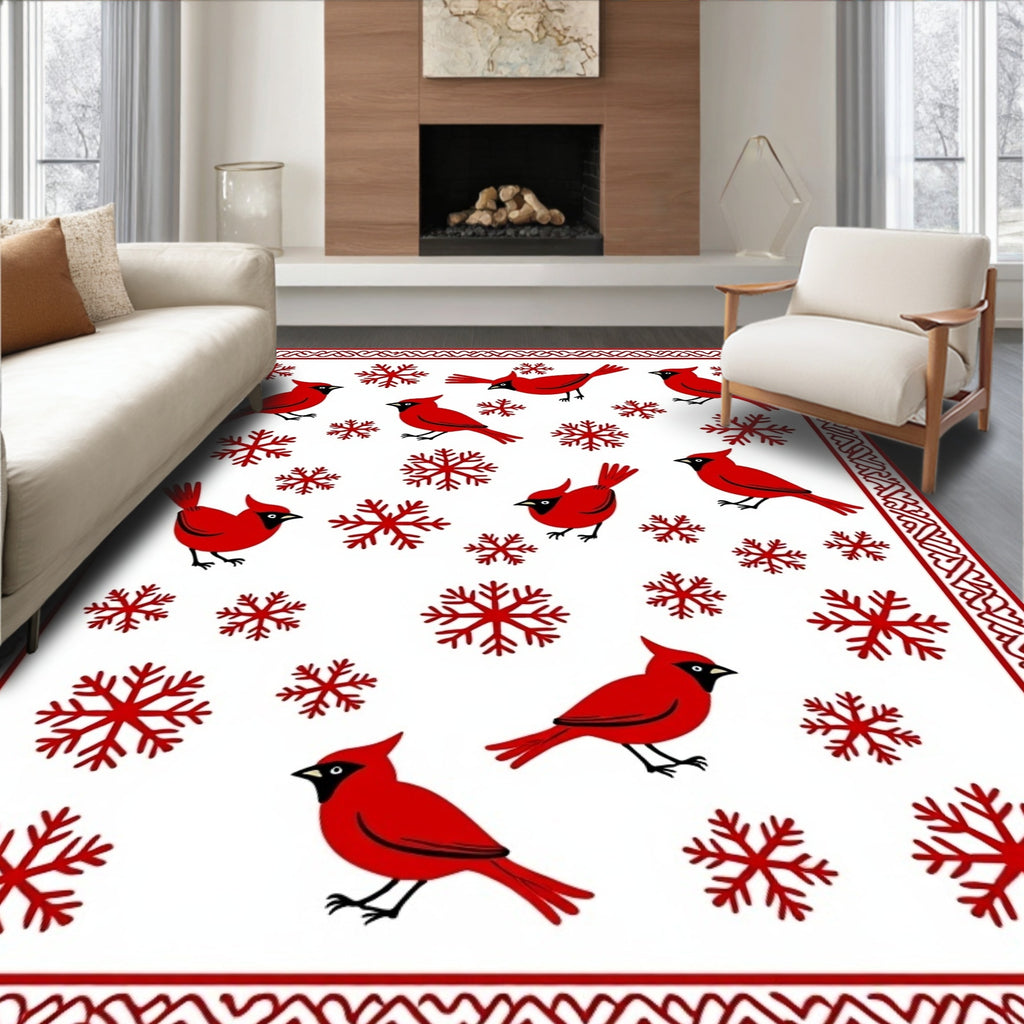 Red Cardinal Snowflake Winter Scene Rug