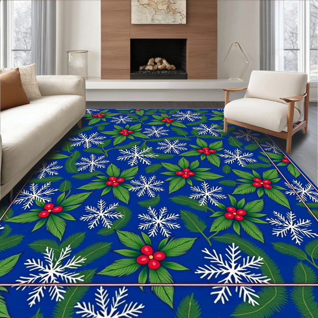 Festive Blue Holly Snowflake Border Rug