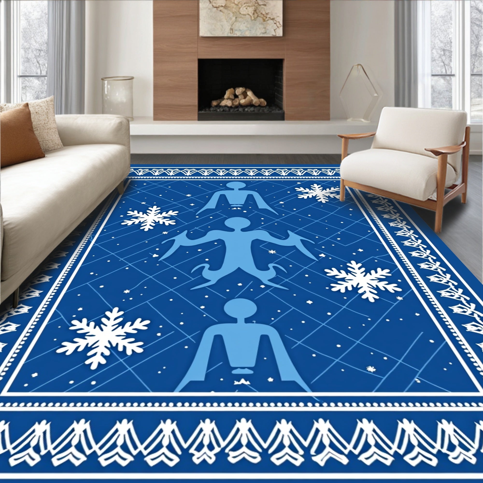 Blue Winter Figures Snowflake Snowfall Rug