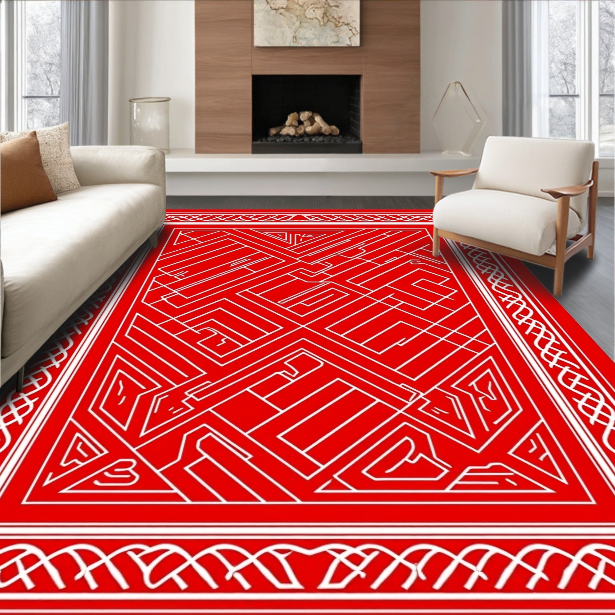 Labyrinth Red Interlocking Geometric Rug