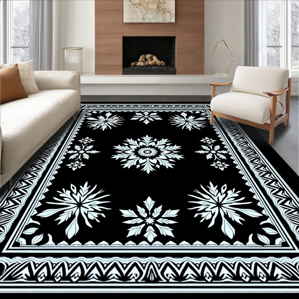 Light Blue Snowflake Medallion Border Rug