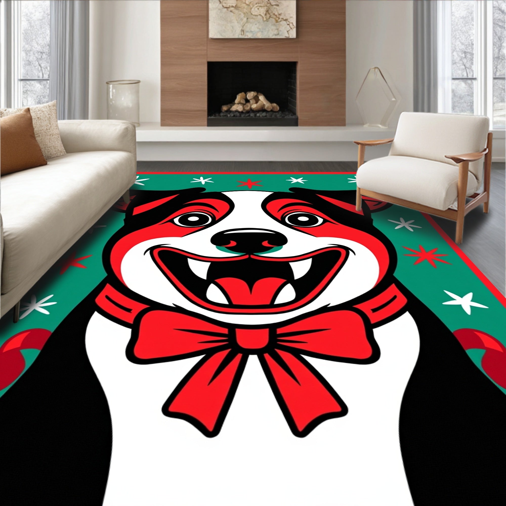 Jolly Red Dog Face Snowflake Border Rug