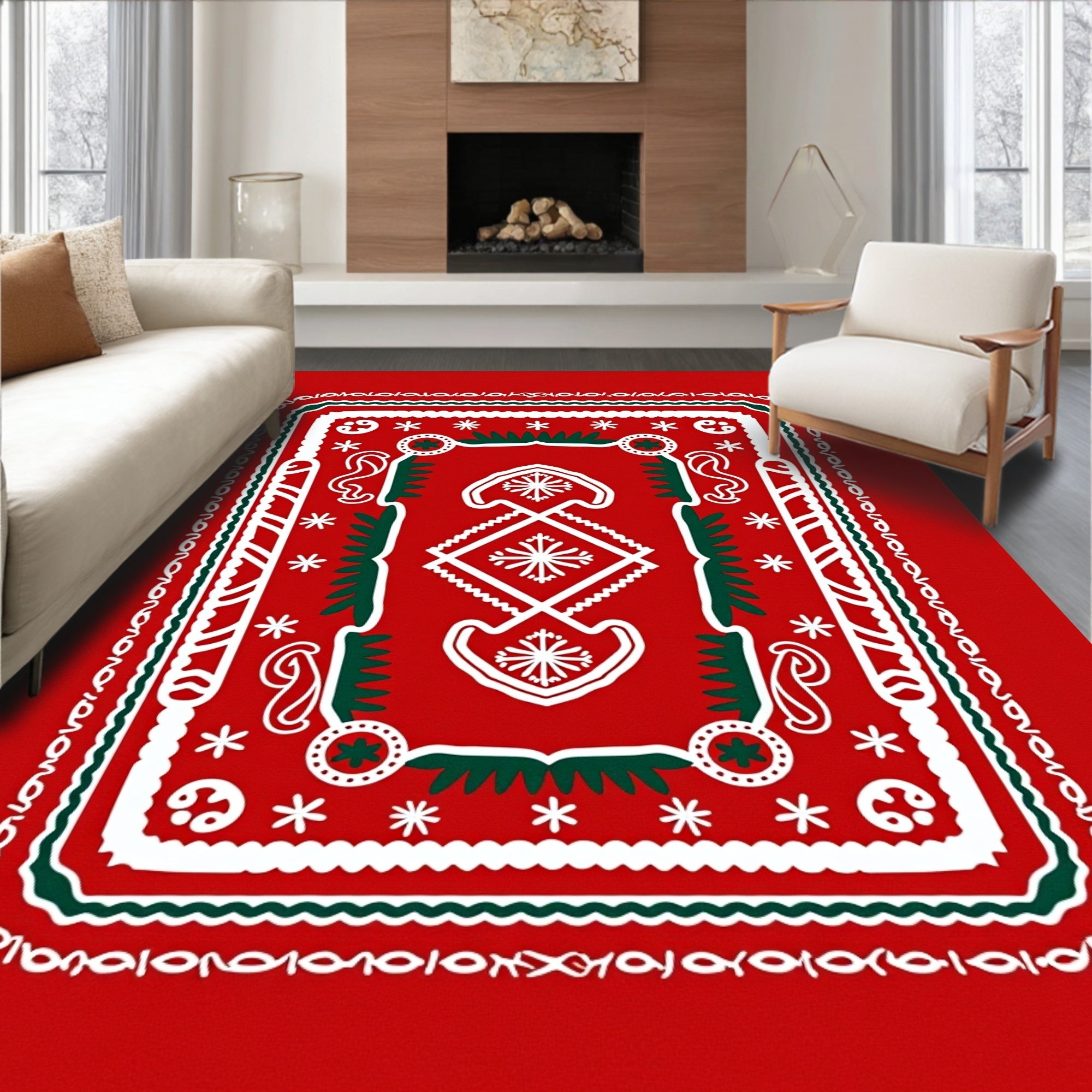 Red White Folk Art Star Medallion Rug