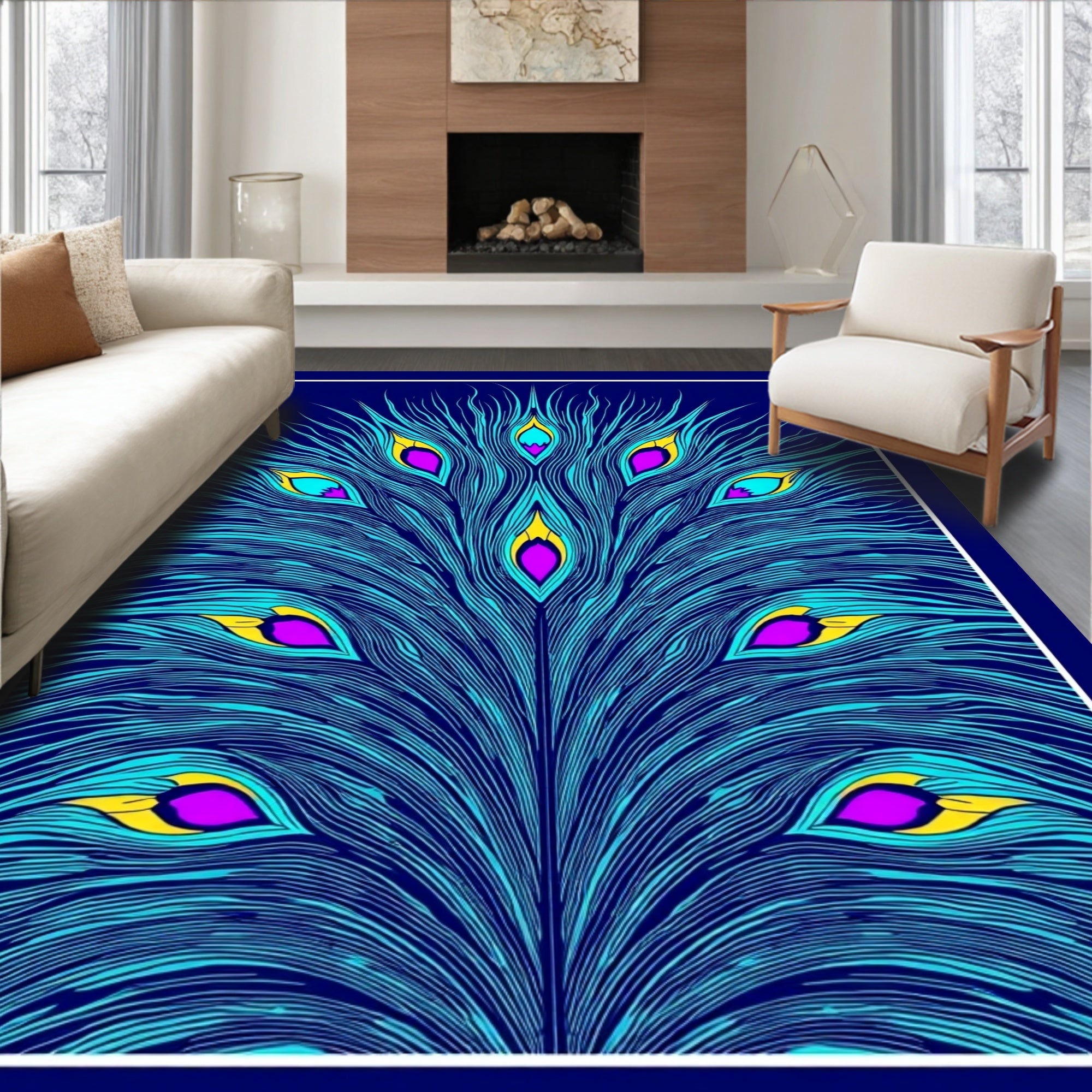 Vibrant Teal Peacock Feather Eyesight Rug