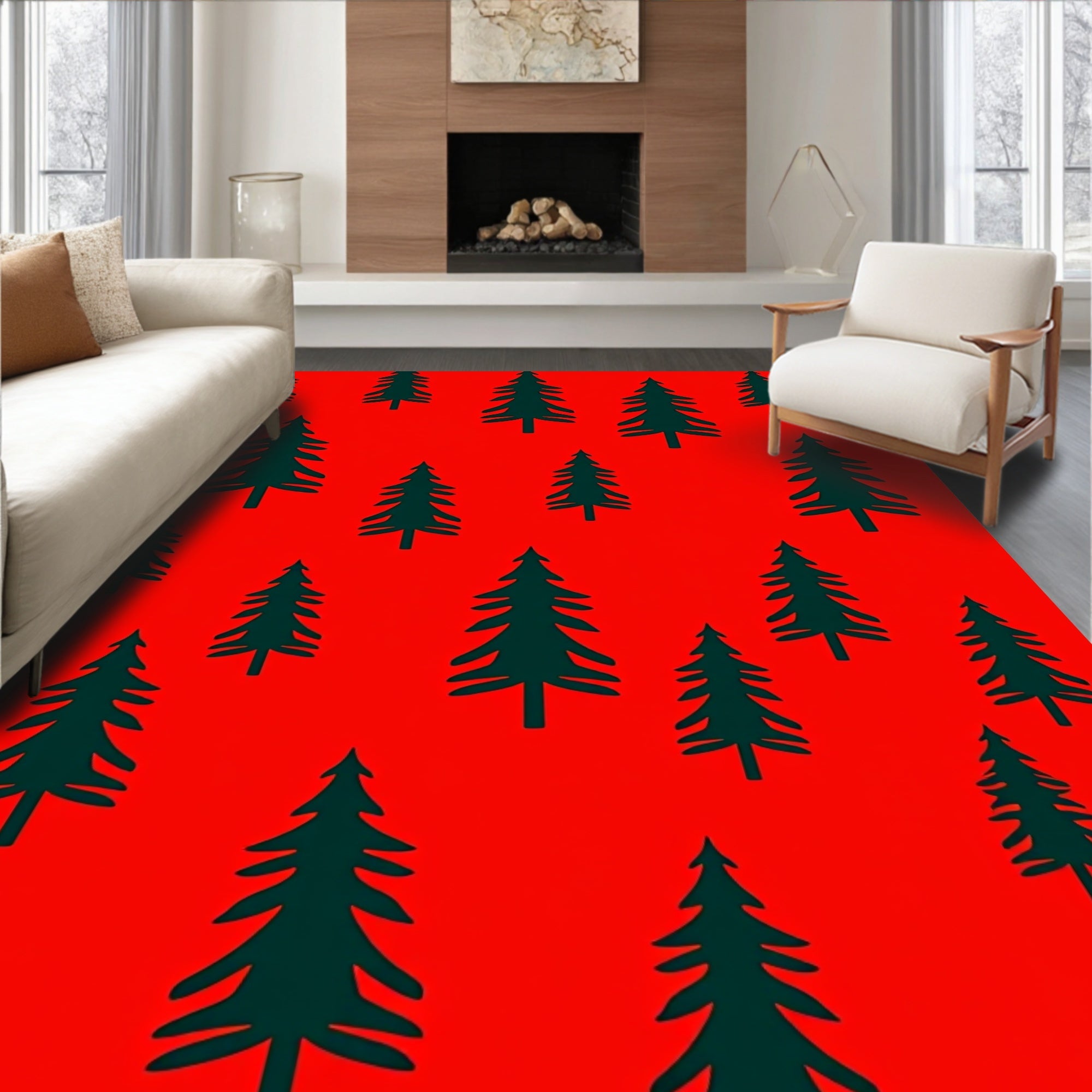 Crimson Forest Silhouette Trees Rug