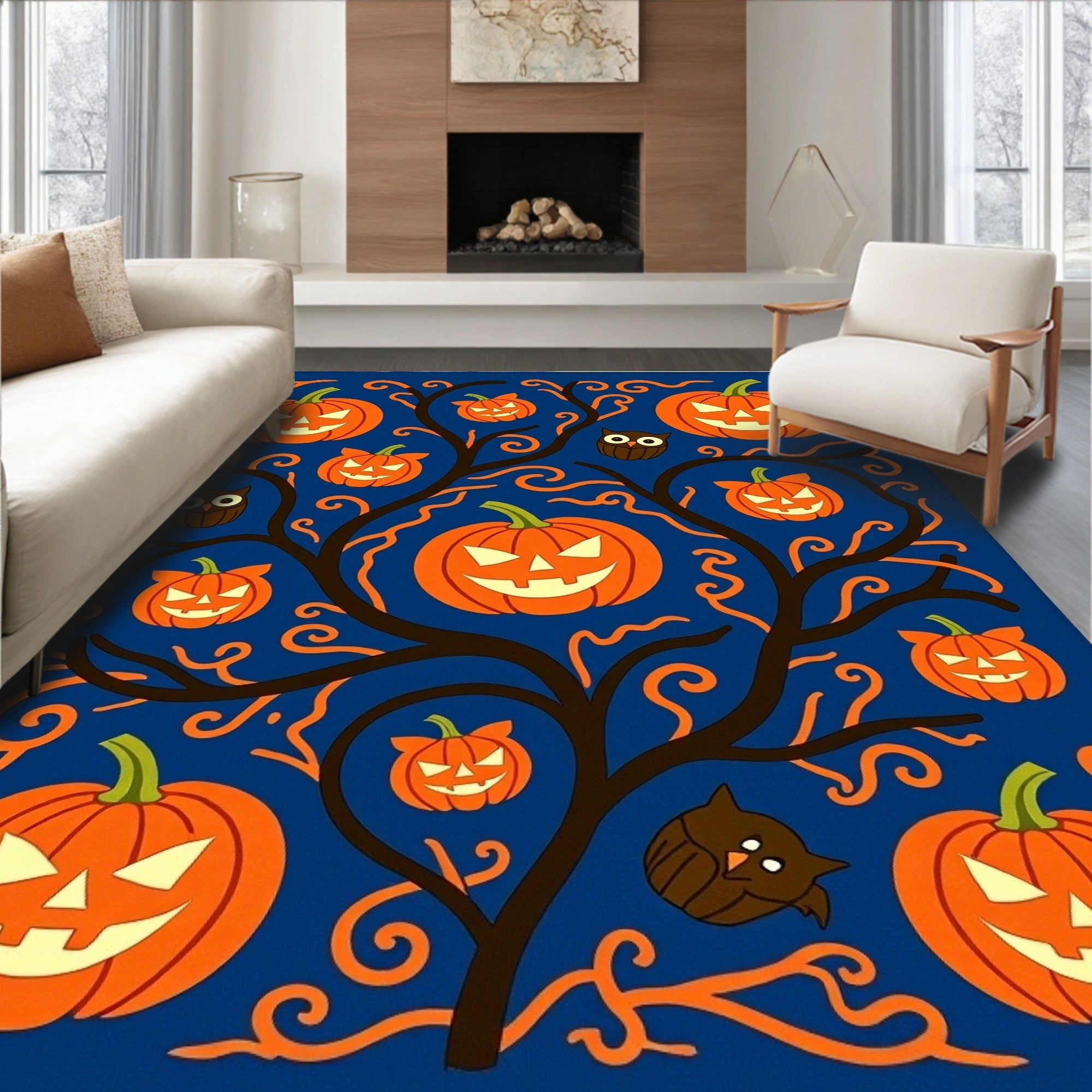 Spooky Orange Pumpkins And Owls Rug