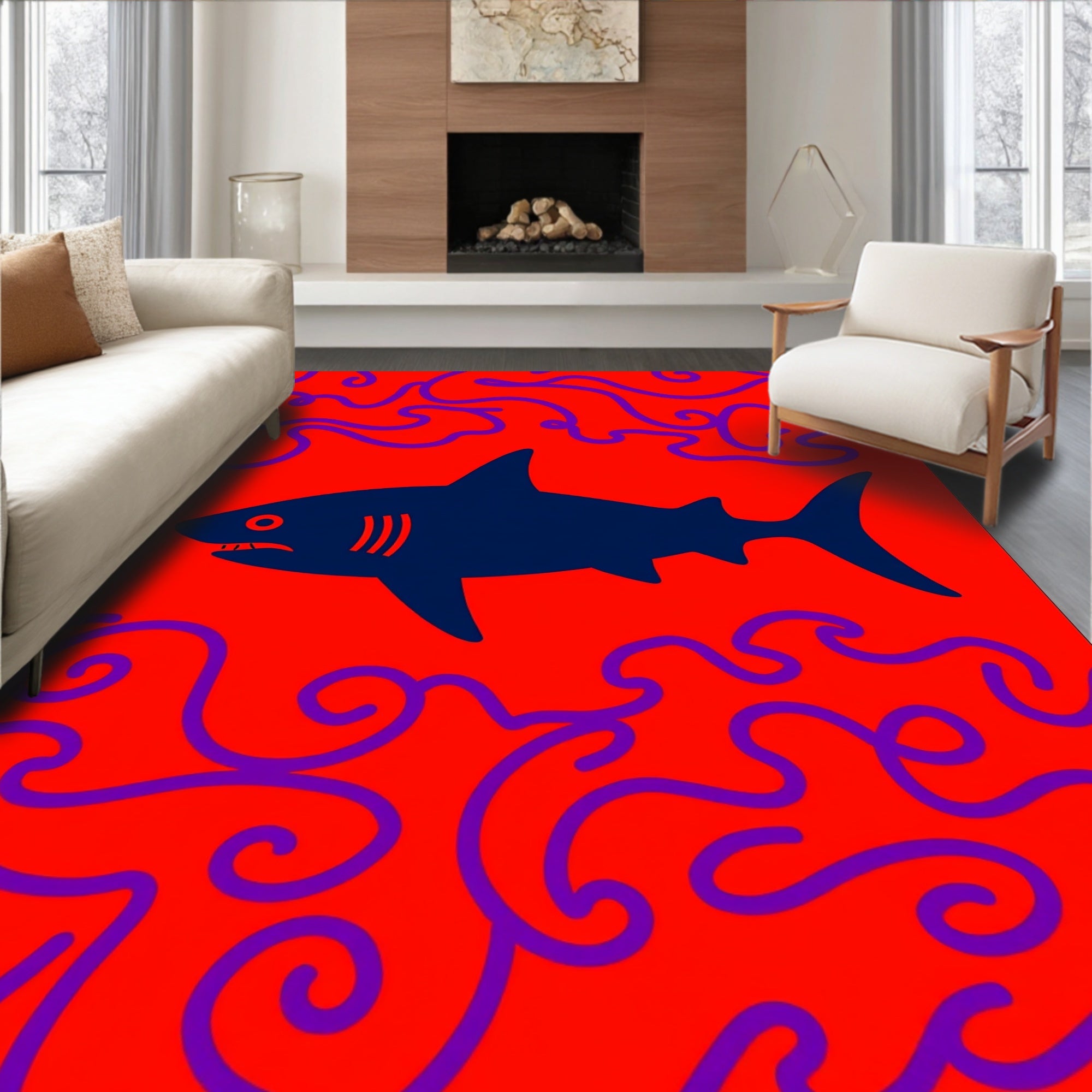 Bold Blue Shark Crimson Waves Rug