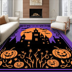 Purple Orange Haunted Castle Bats Pumpkins Rug
