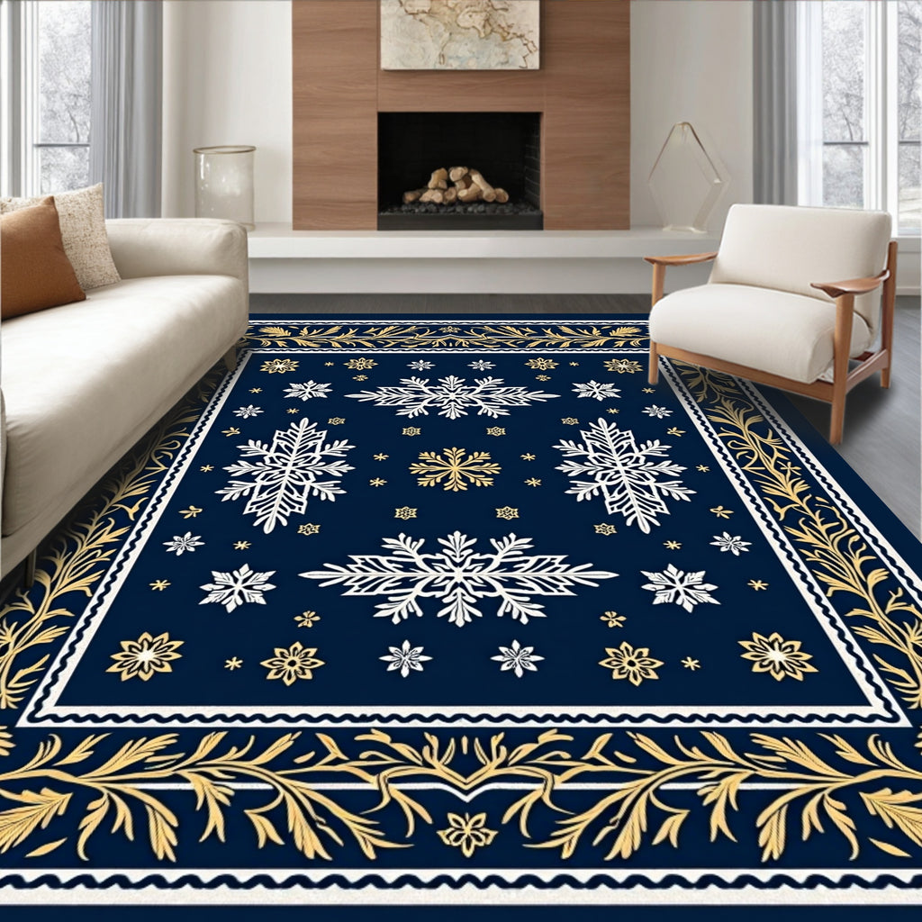 Navy Gold Snowflake Border Rug