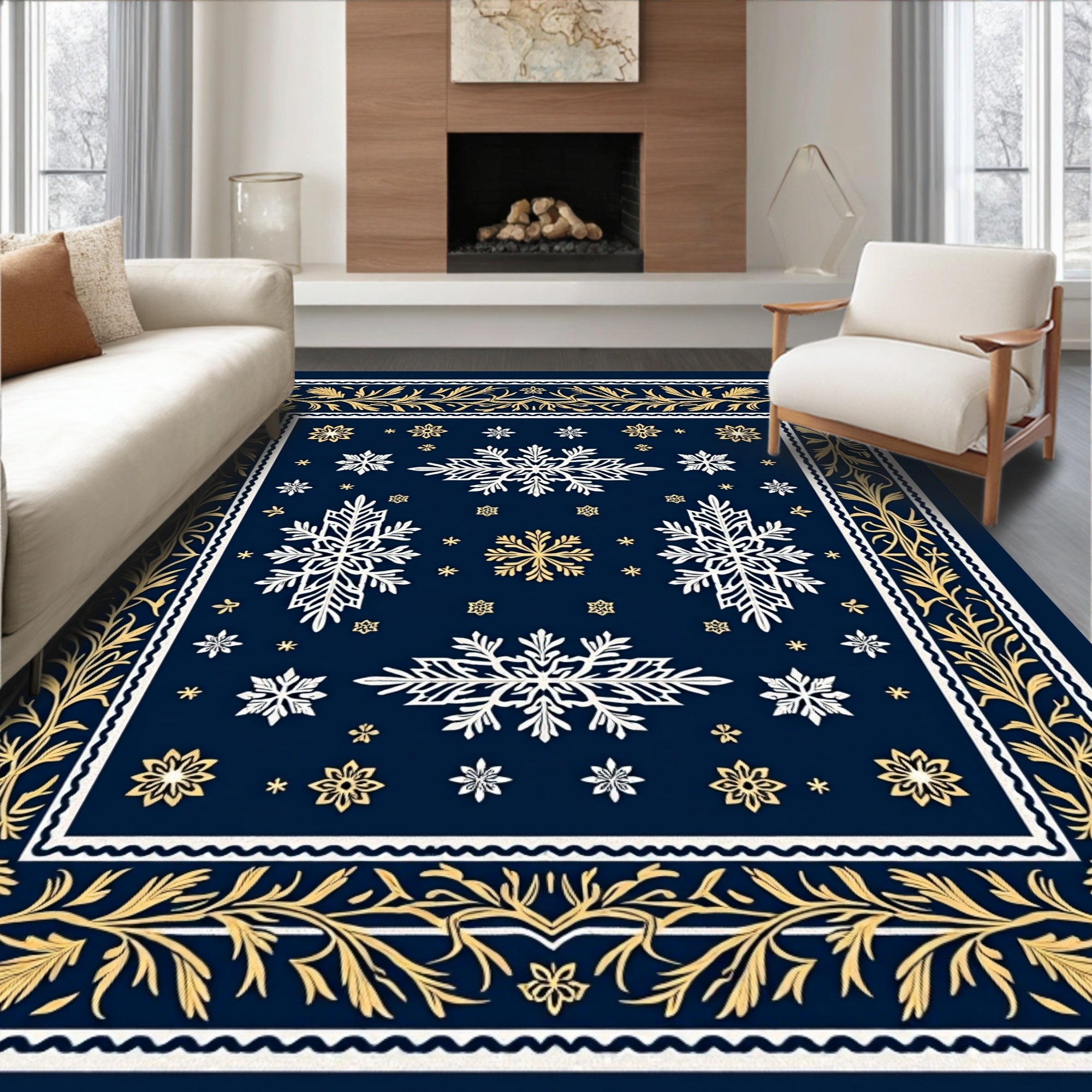 Navy Gold Snowflake Border Rug