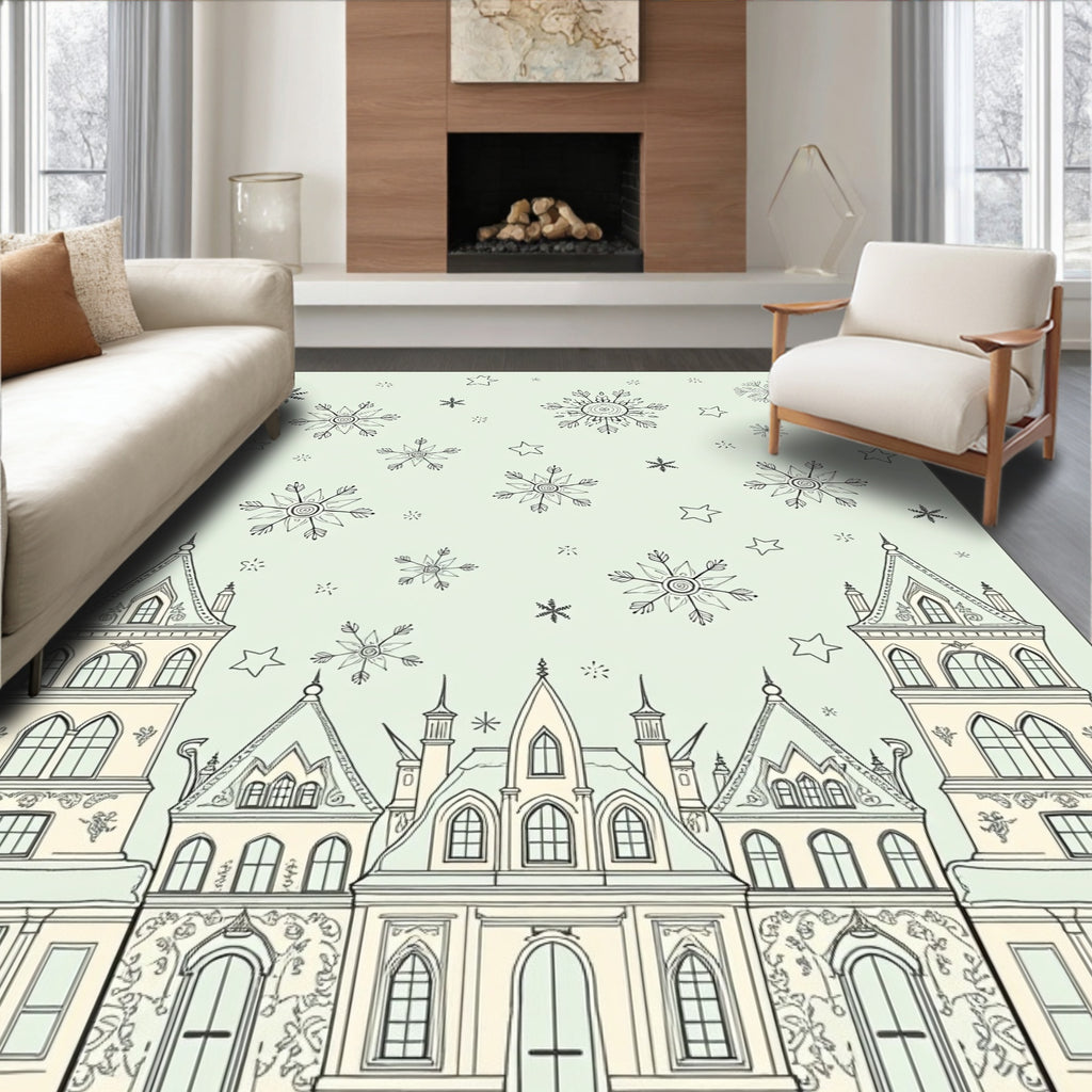 Whimsical Winter Castle Snowflake Scene Rug