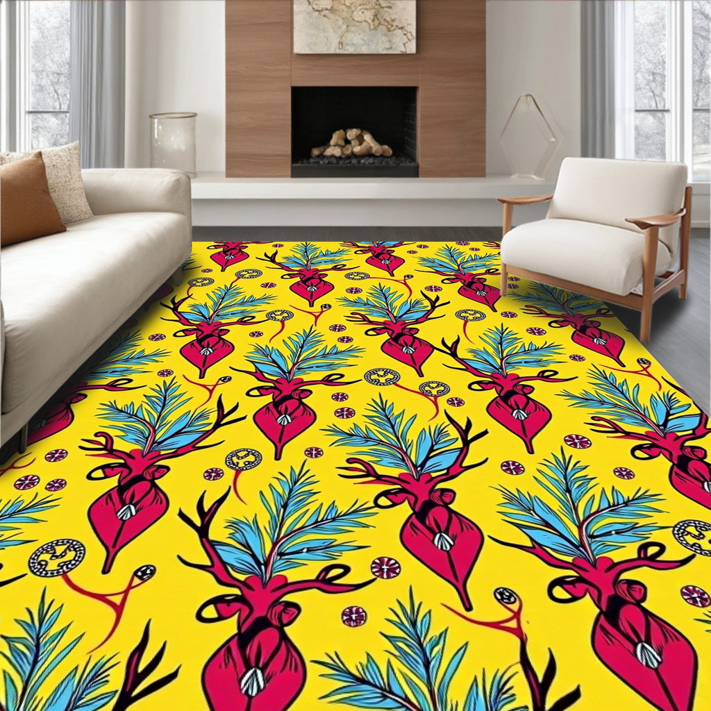 Vibrant Pink Deer Foliage Yellow Rug