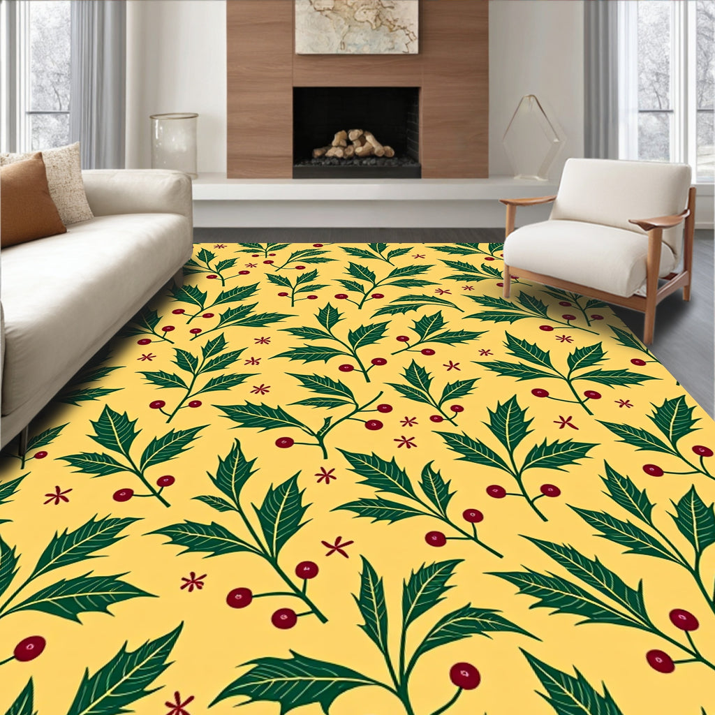 Green Holly Berry Christmas Yellow Rug