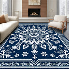 Dark Blue White Floral Medallion Rug