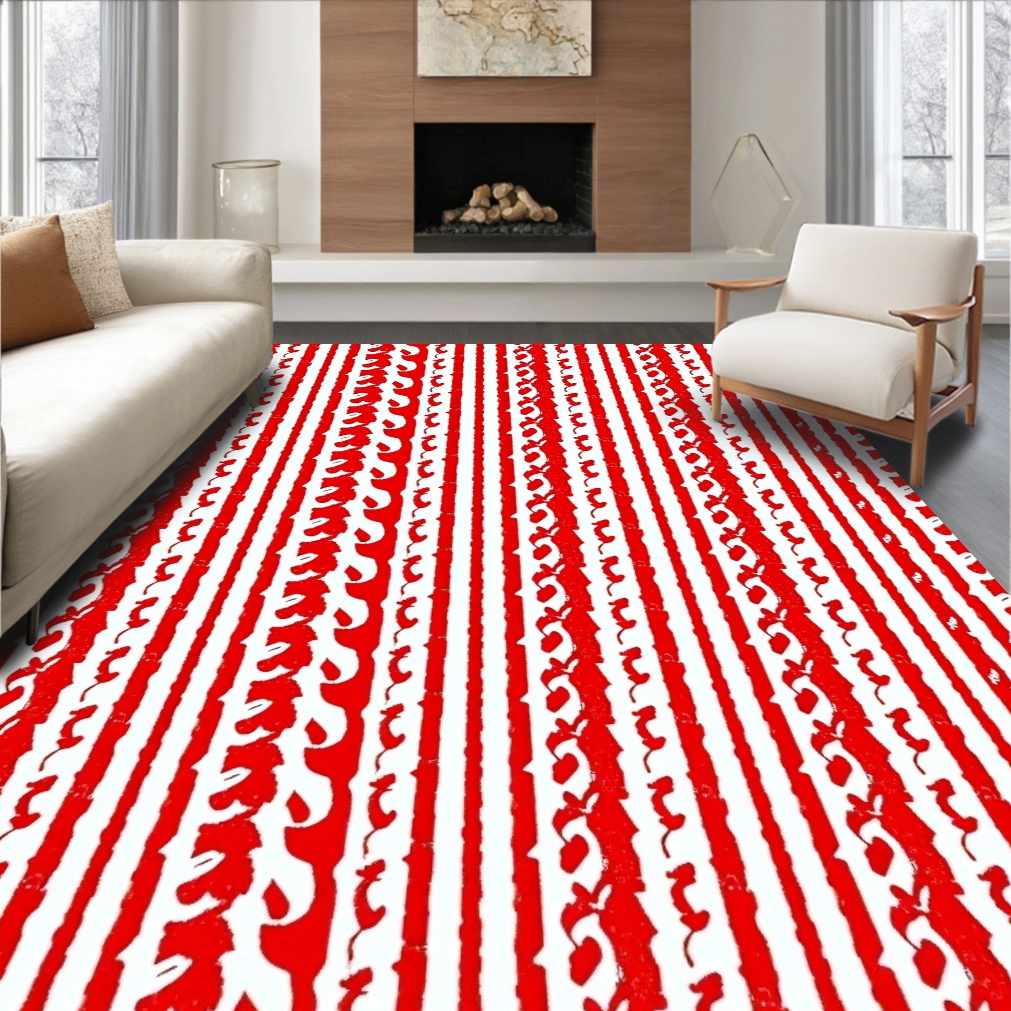 Bold Red Vertical Stripe Foliage Rug
